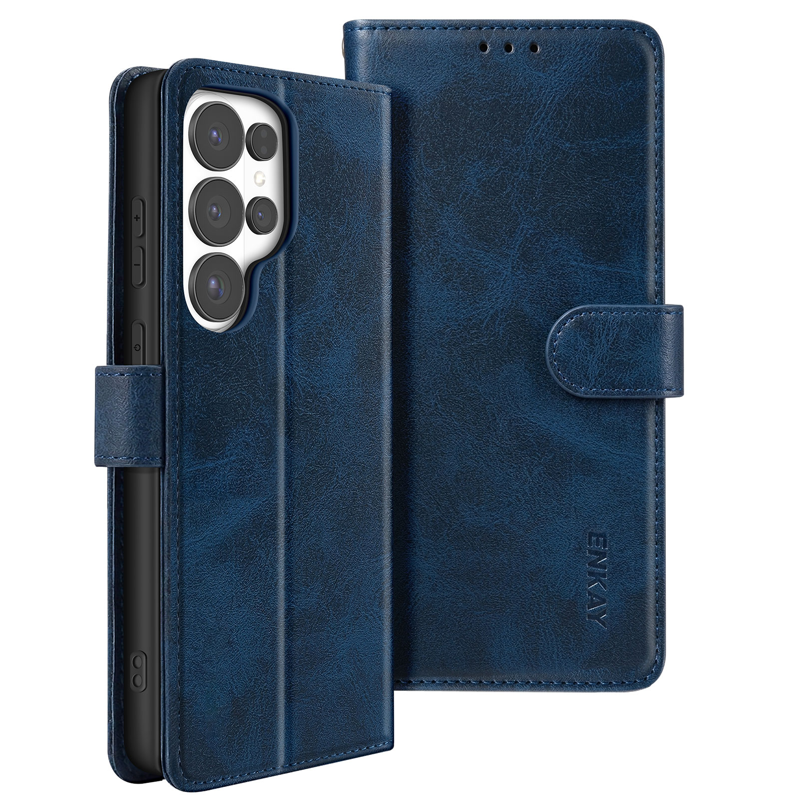 Blaue Leder-Handyhülle mit Kamerasystem und Verschluss.