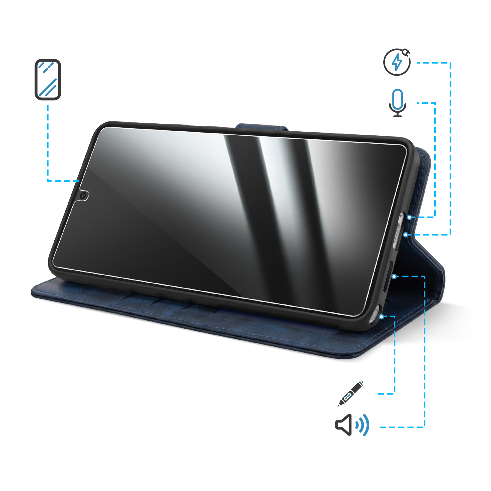 Ein blaues Handycover liegt auf einem weißen Hintergrund mit Symbolen.
