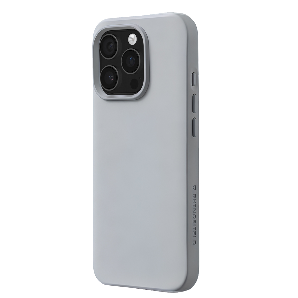 Custodia grigia per telefono con tripla fotocamera e pulsanti, logo RHINOSHIELD.