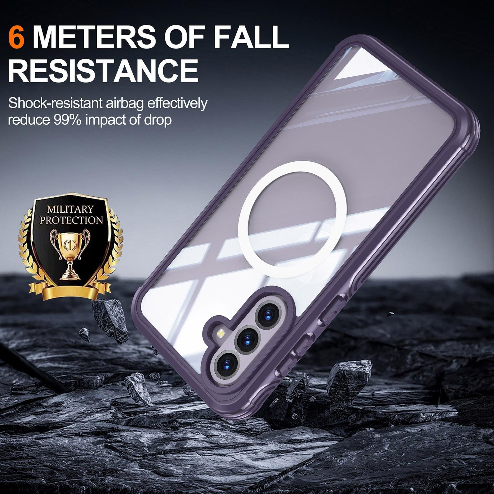 Cover viola per telefono con anello magnetico, circondata da rocce e testo.