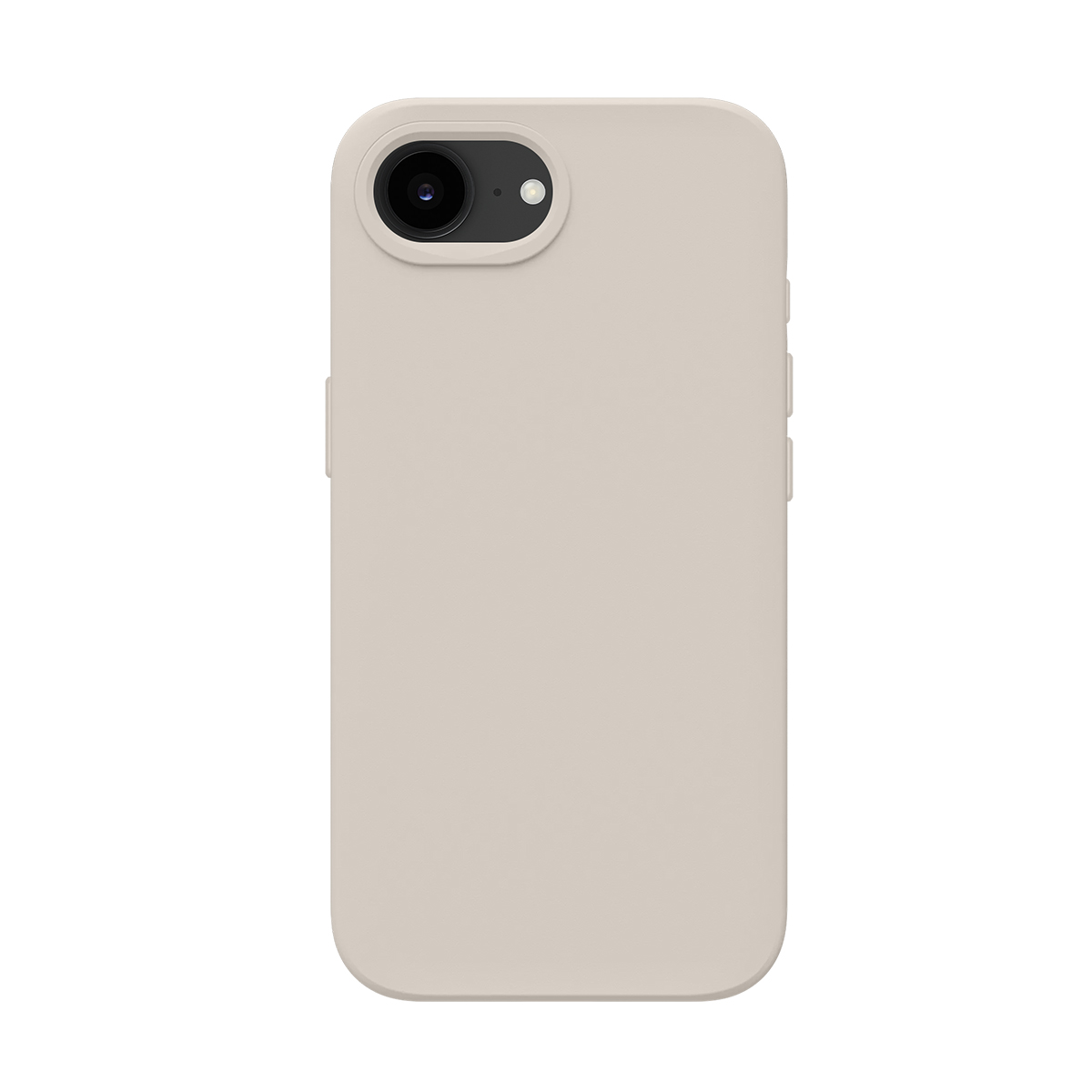 Una custodia per telefono beige con un'unica apertura per fotocamera in alto a sinistra.