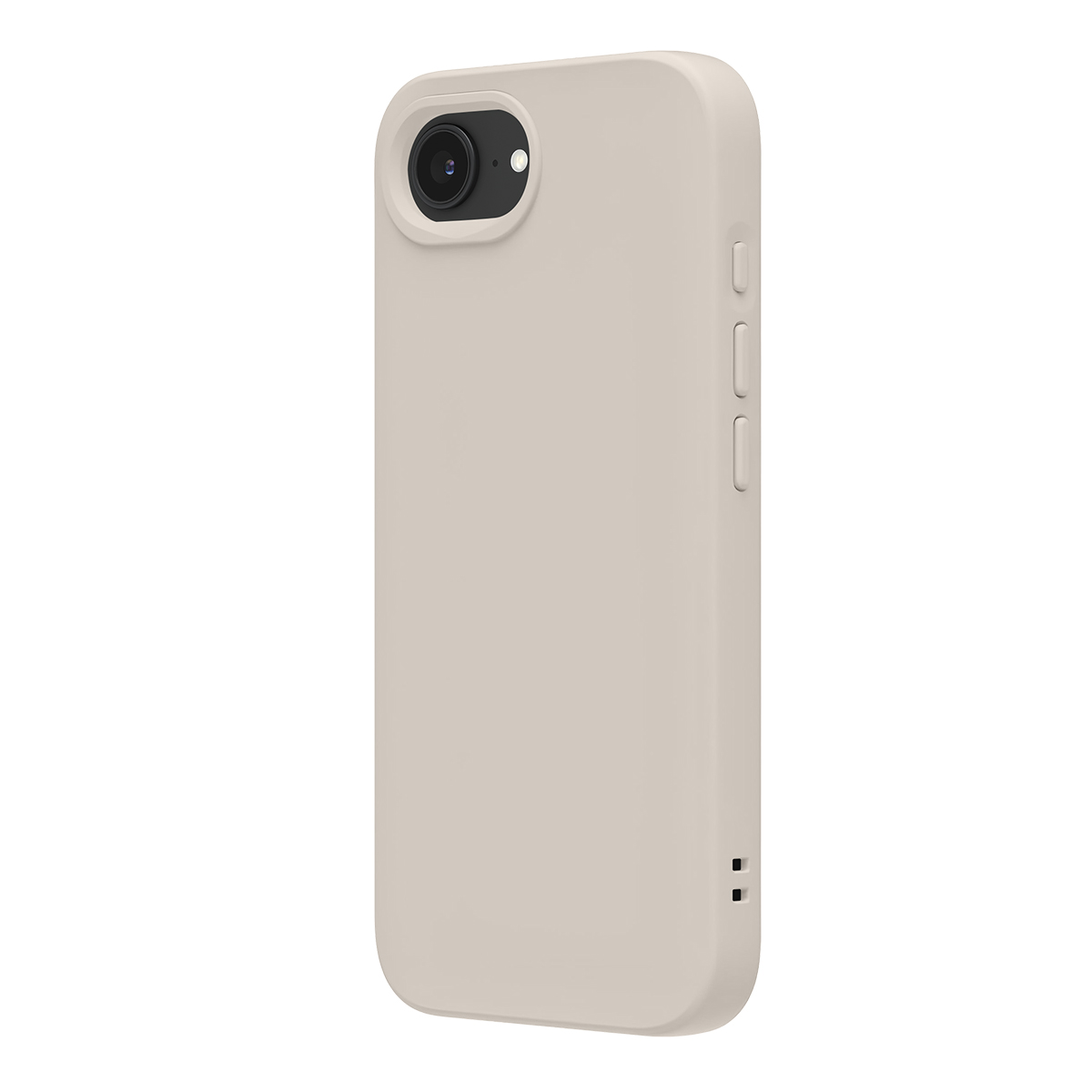 Una cover per telefono neutra e chiara con dettaglio fotocamera e pulsanti laterali.