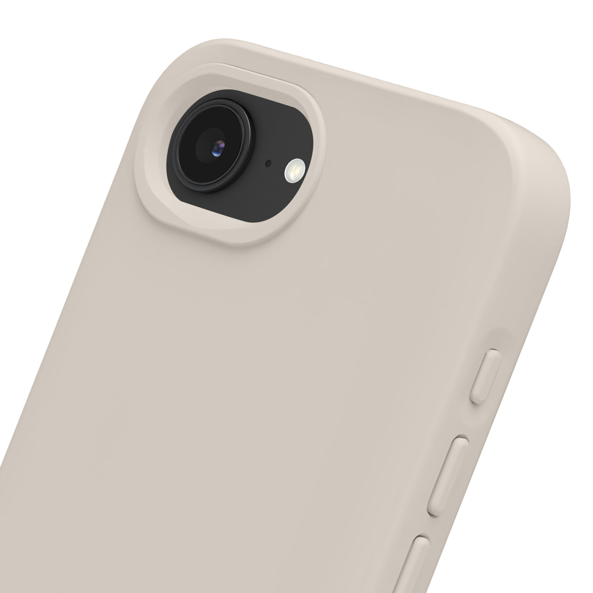 Primo piano di una cover per telefono beige chiaro che mostra l'obiettivo della fotocamera e il flash.