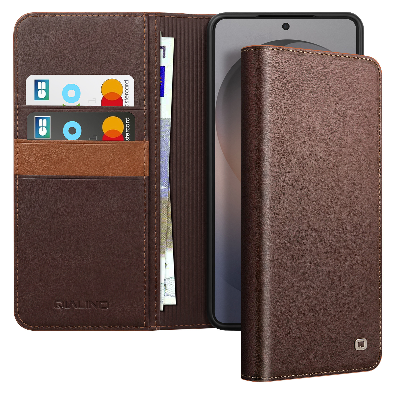 Custodia a portafoglio in pelle marrone con slot per carte e contanti, accanto a uno smartphone.