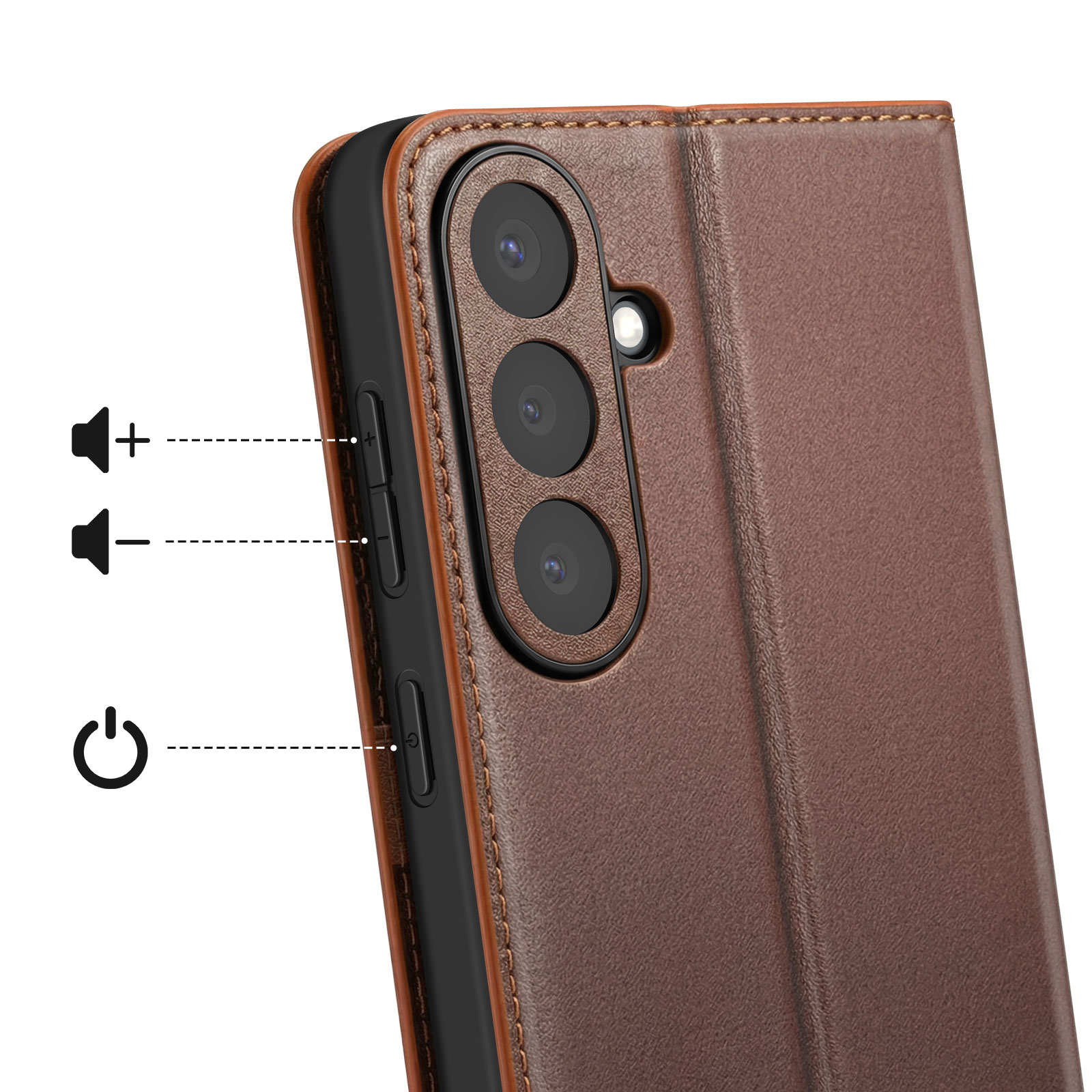 Custodia marrone per telefono con tre fotocamere e pulsanti volume.