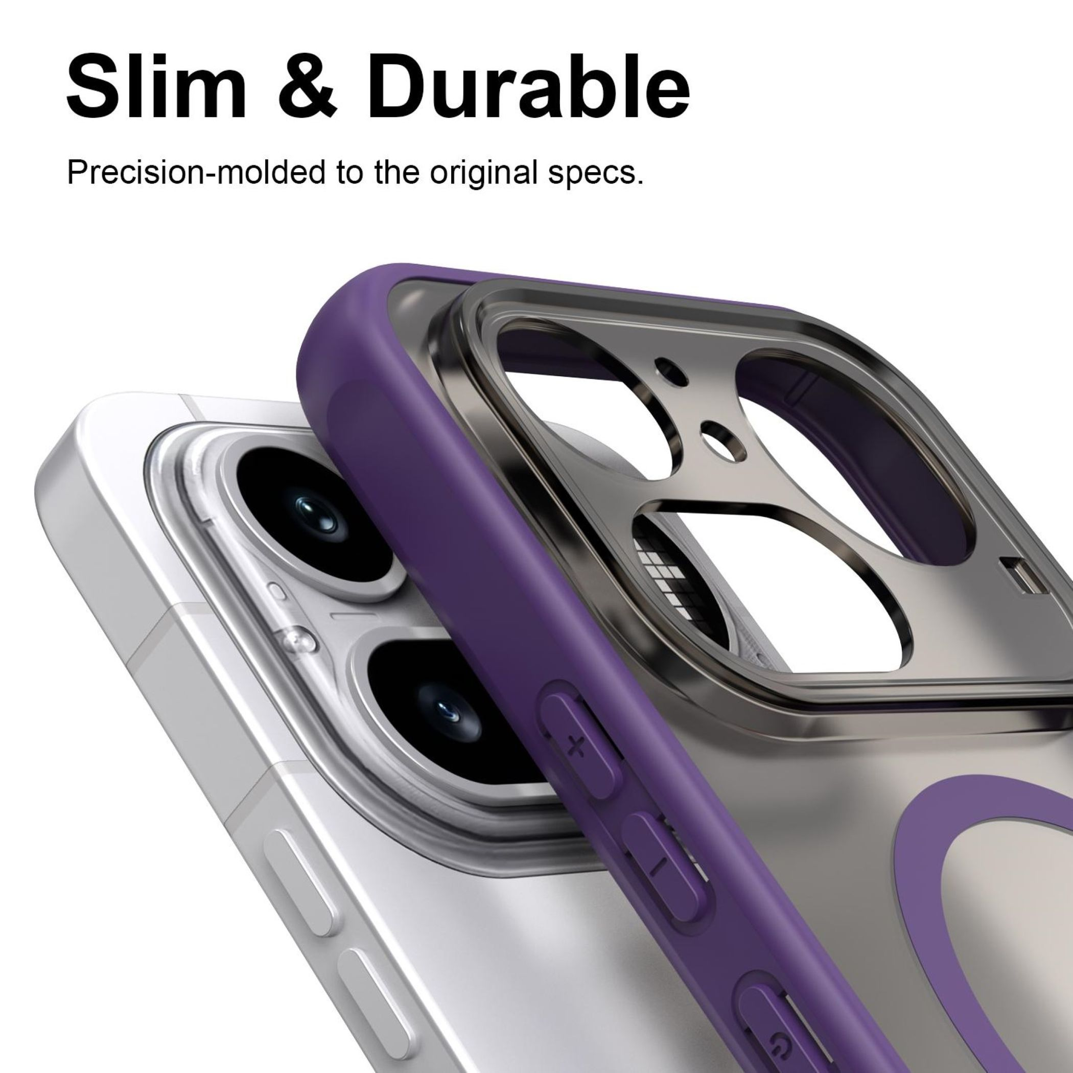 Ein violetter Handyhülle über einem silbernen Handy mit drei Kameras.