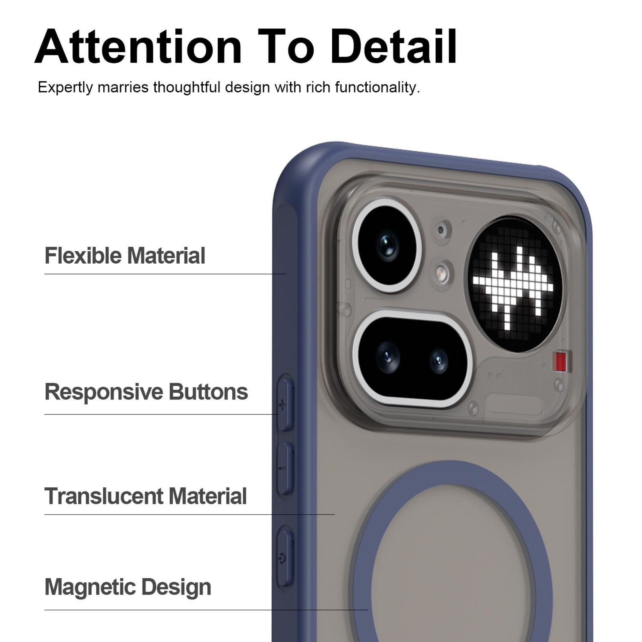 Ein blaues Handy-Case mit transparenter Rückseite und Kamera-Details.