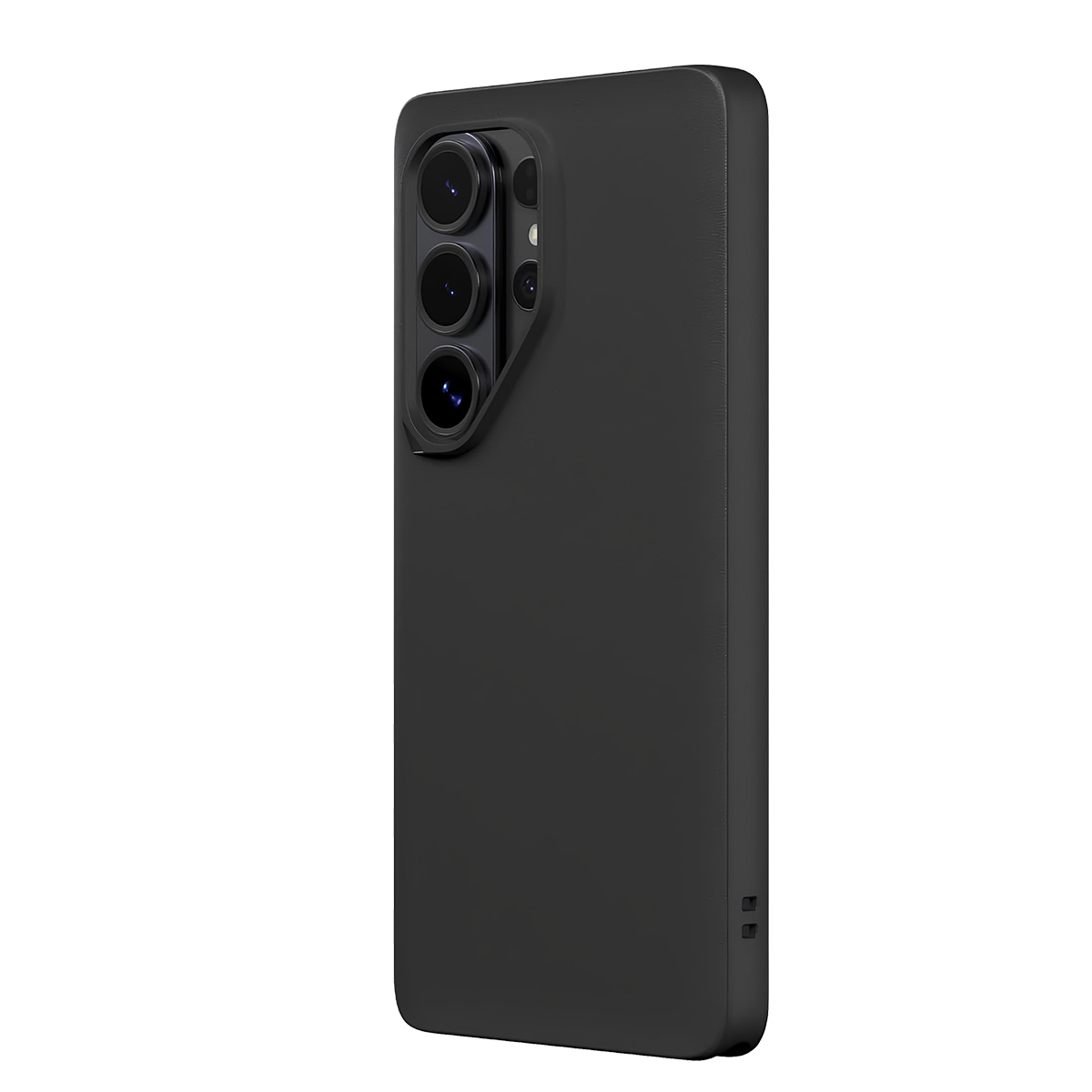 Smartphone nero con tre fotocamere posteriori, mostrato di profilo su sfondo bianco.