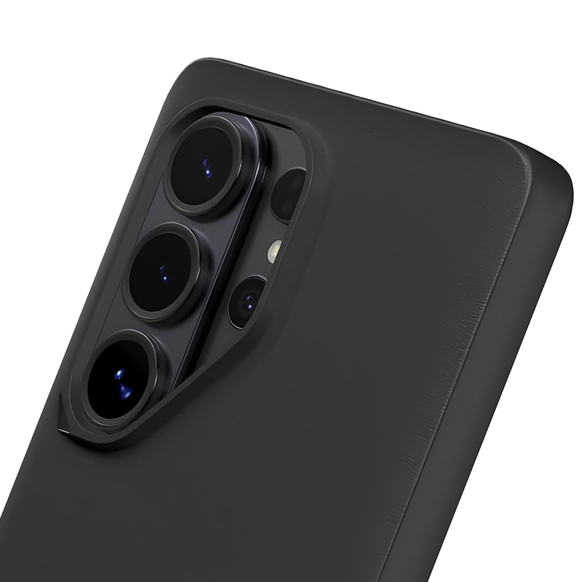 Smartphone nero con tre lenti e flash.
