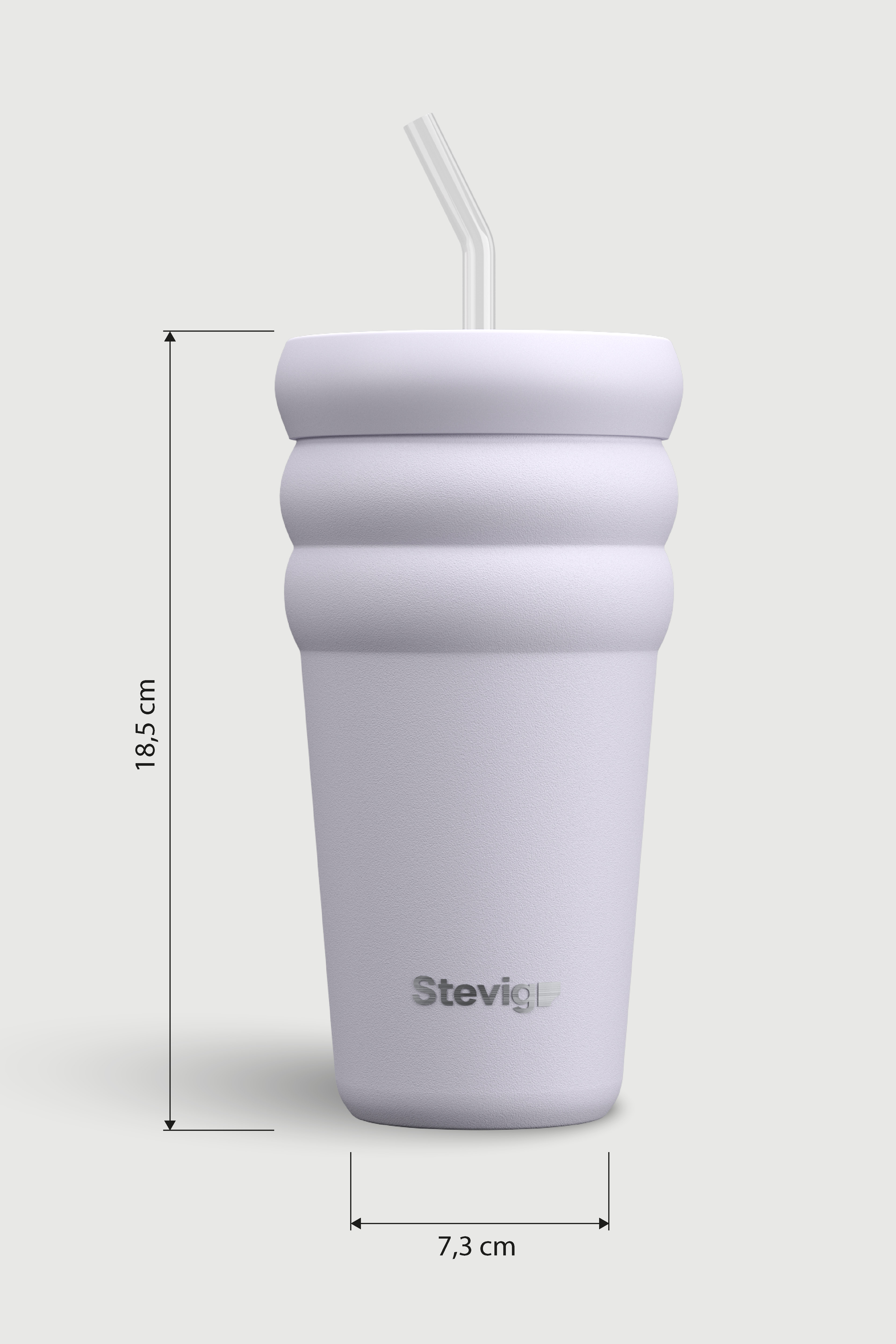 Kanallı tasarımlı ve cam pipetli açık mor bardak. Boyutlar: 18,5 cm Y, 7,3 cm G.