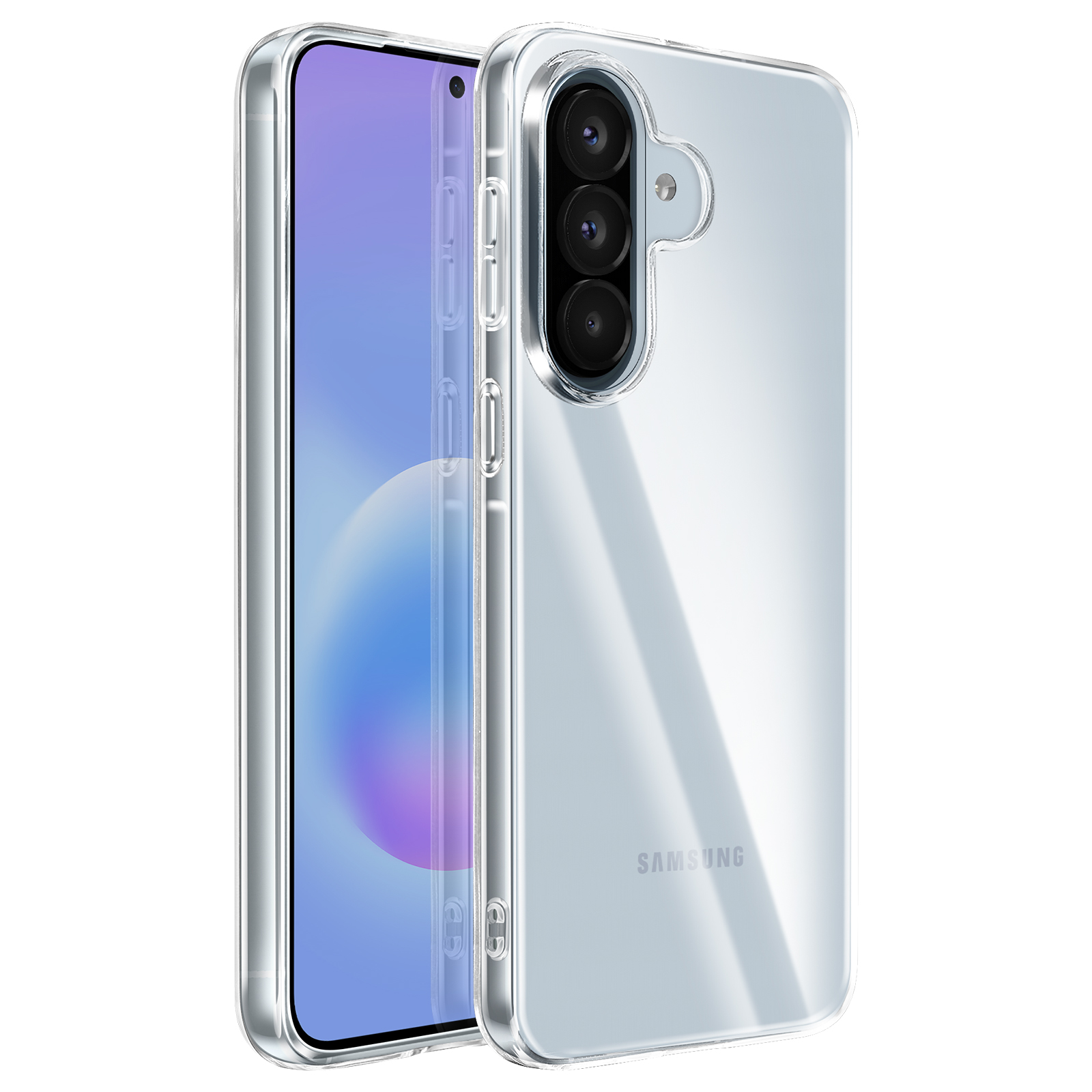 Une coque de téléphone transparente avec trois caméras et un logo Samsung.