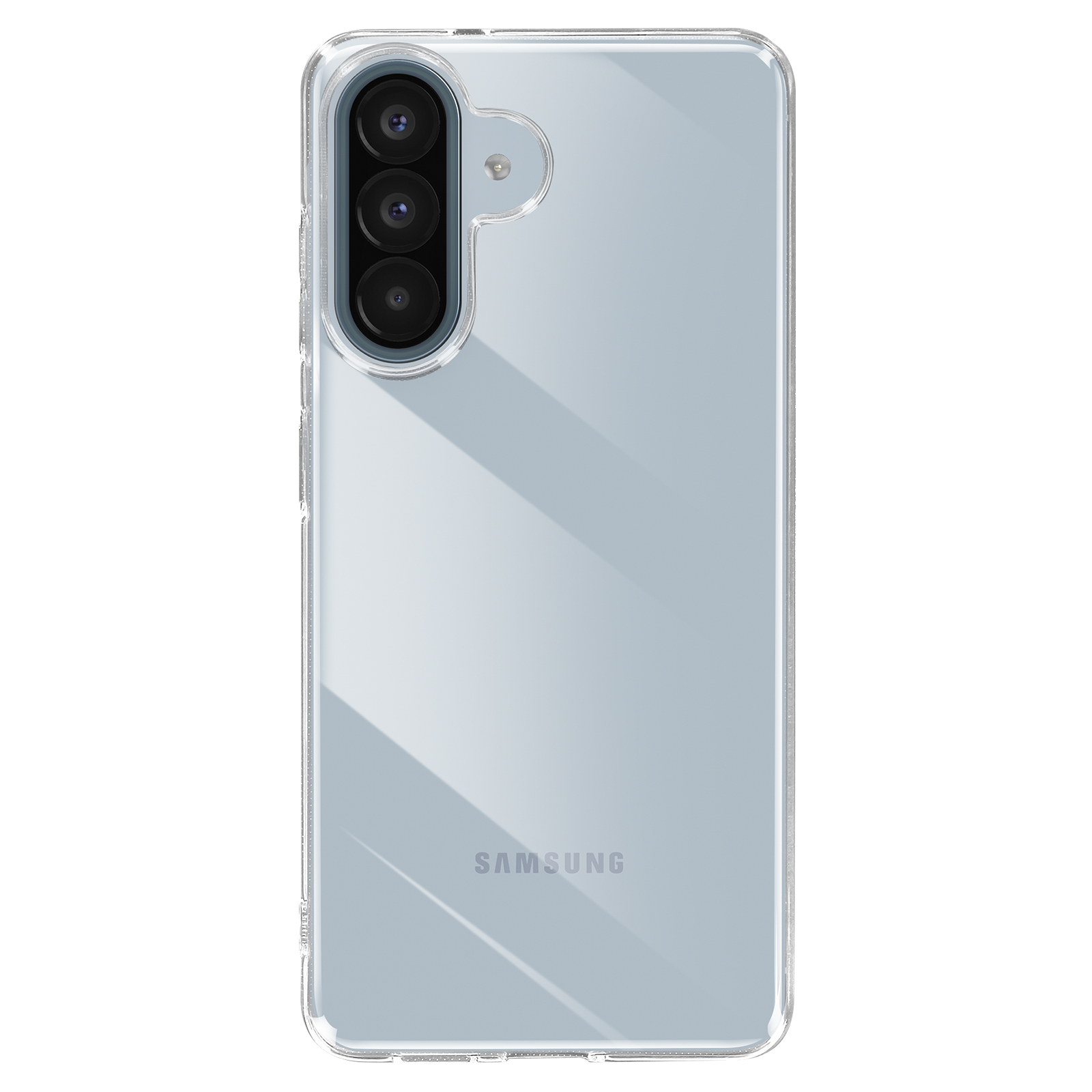 Coque de téléphone transparente avec trois objectifs et logo Samsung.