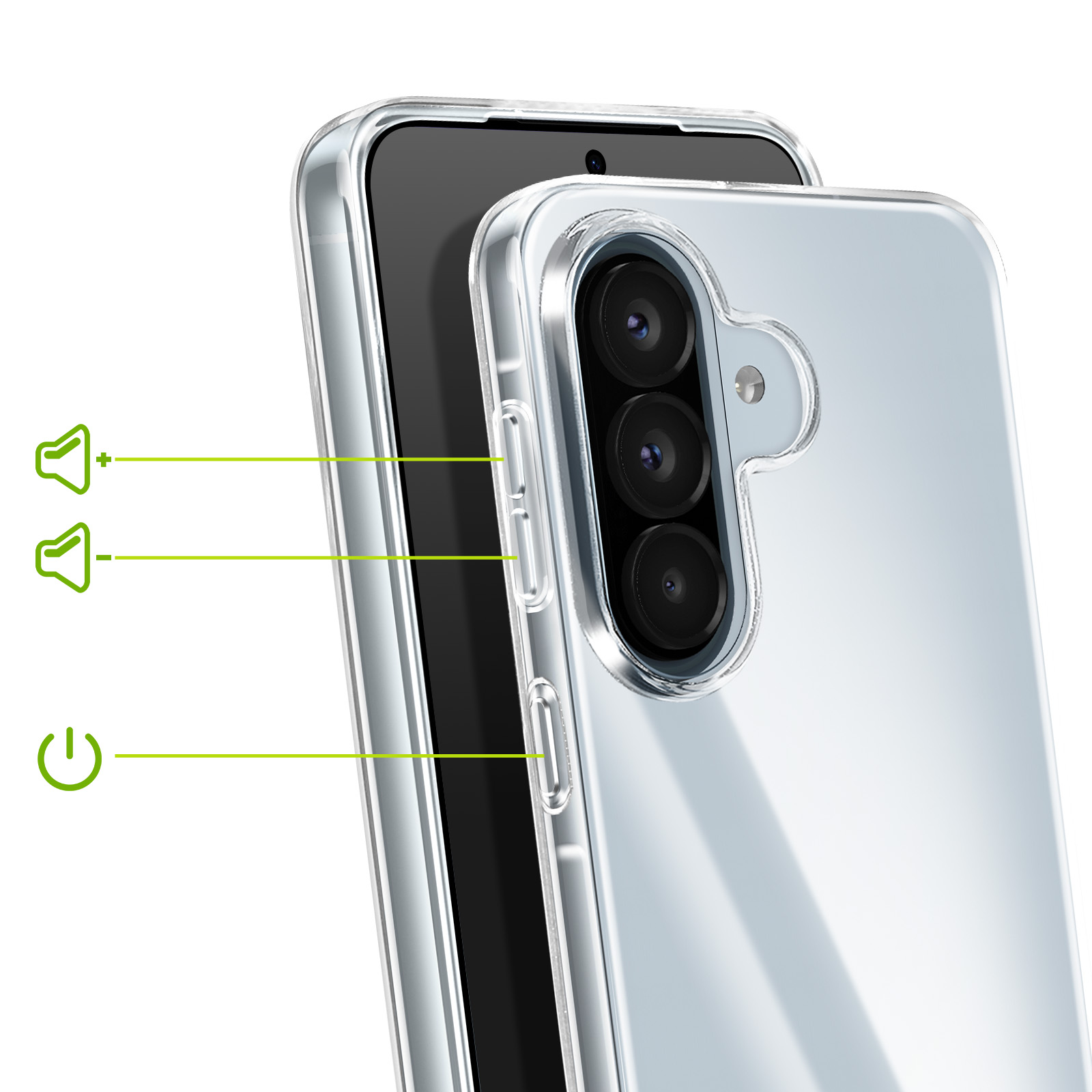 Une coque de téléphone transparente montrant trois objectifs et des icônes de volume/alimentation.