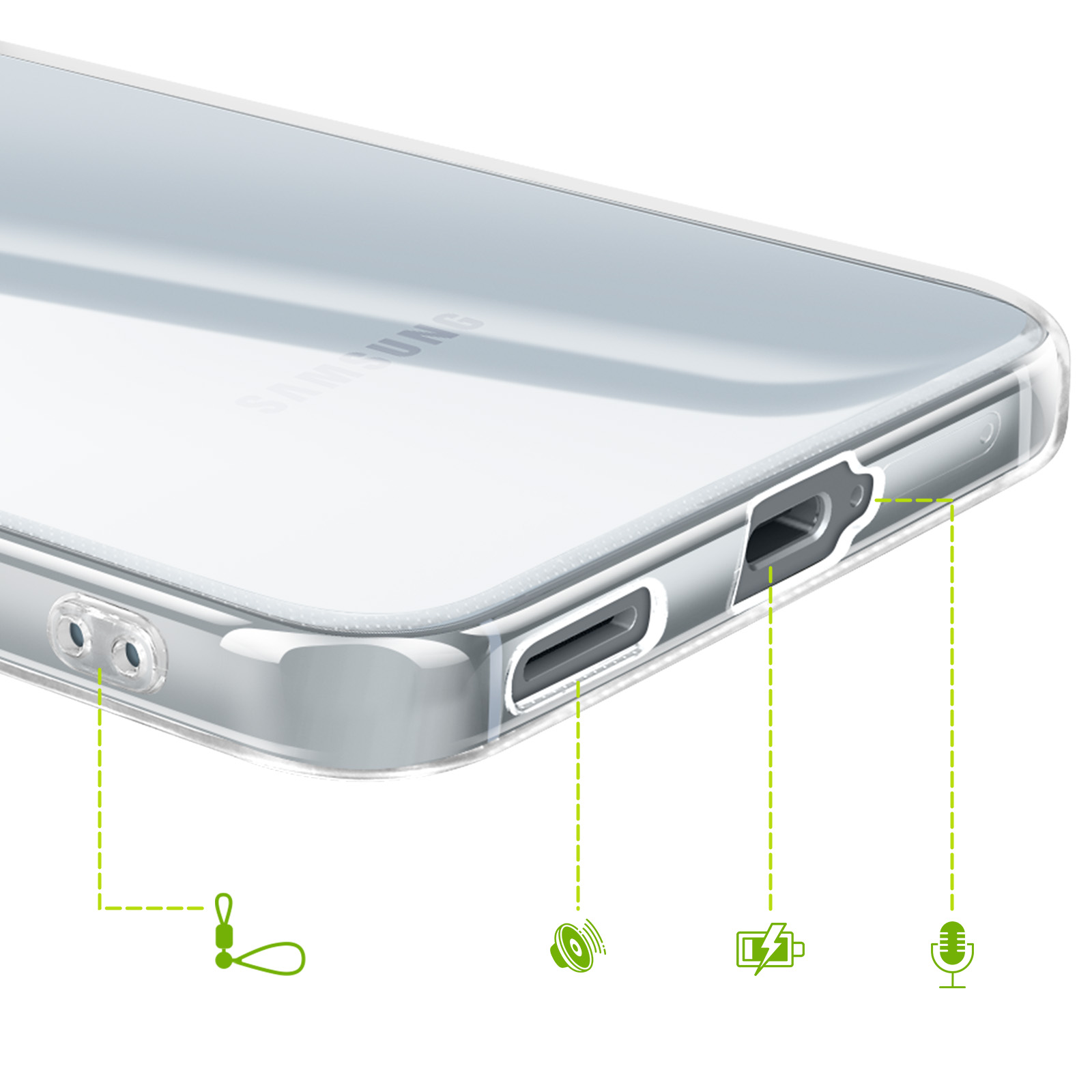 Coque transparente montrant les ports pour lanière, haut-parleur, charge et micro.