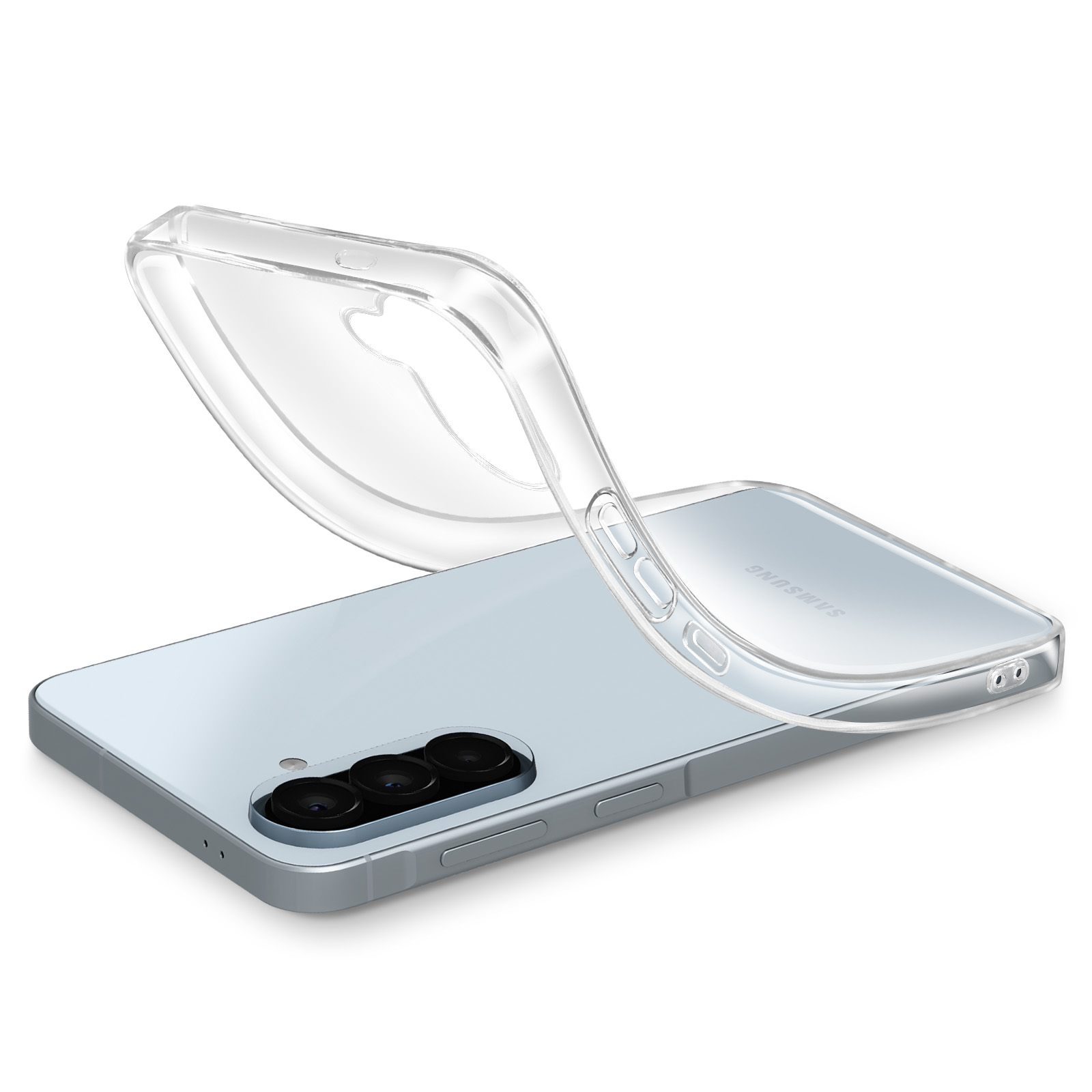 Une coque de téléphone transparente se plie sur un smartphone bleu clair, montrant les lentilles de la caméra.