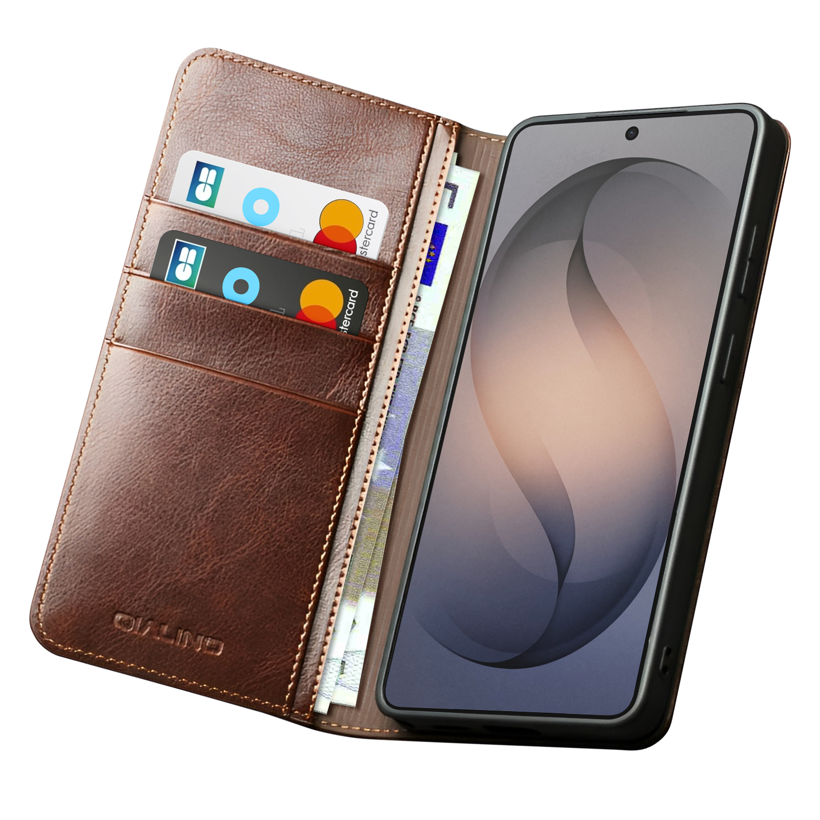 Custodia a portafoglio in pelle marrone con slot per carte e uno smartphone.