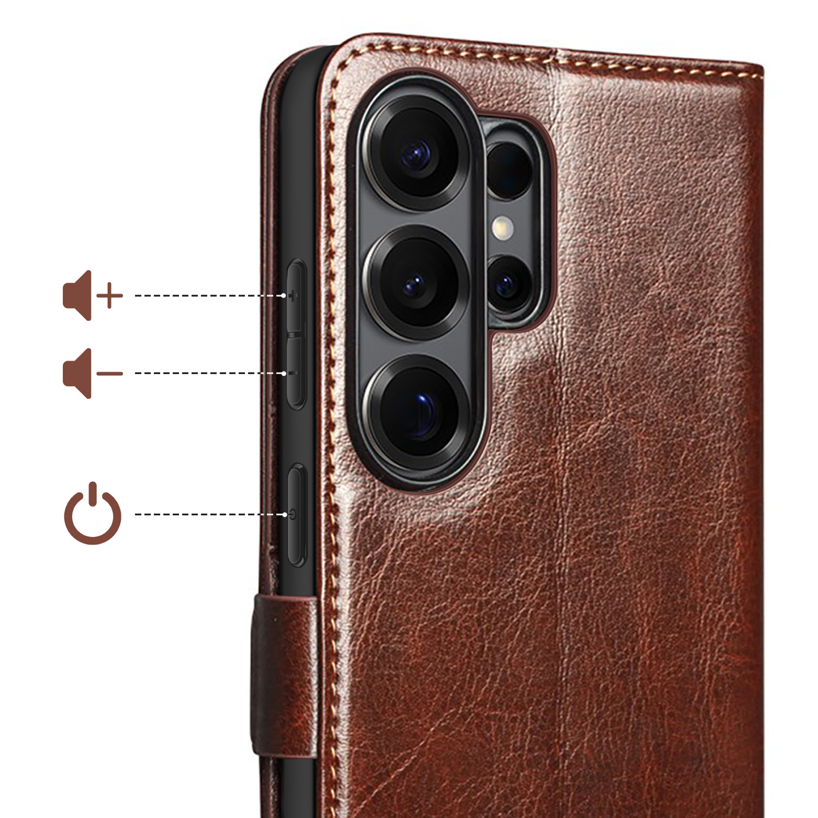 Custodia in pelle marrone con lenti della fotocamera e pulsanti laterali.