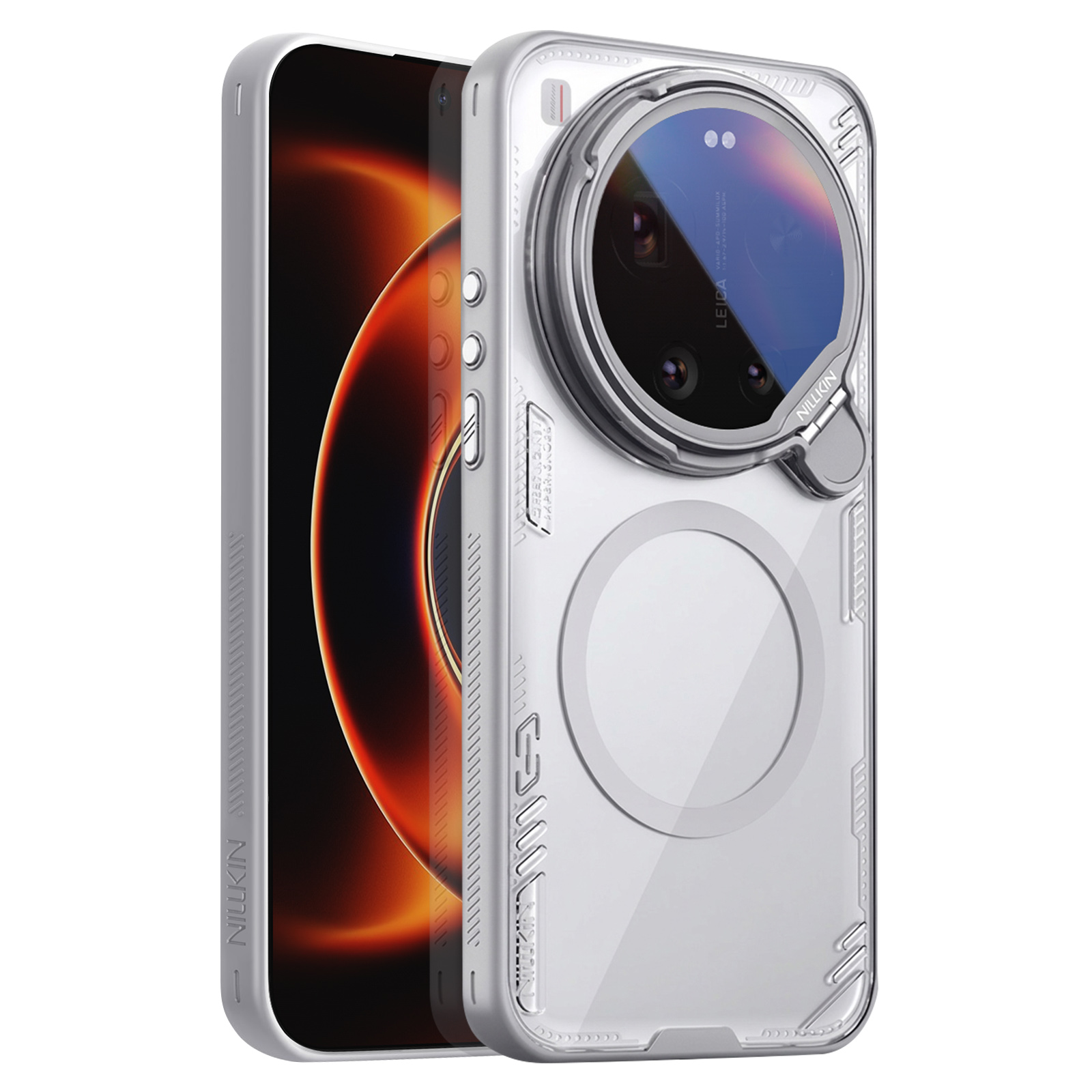 Une coque de téléphone argentée avec objectif de caméra et anneau magnétique.