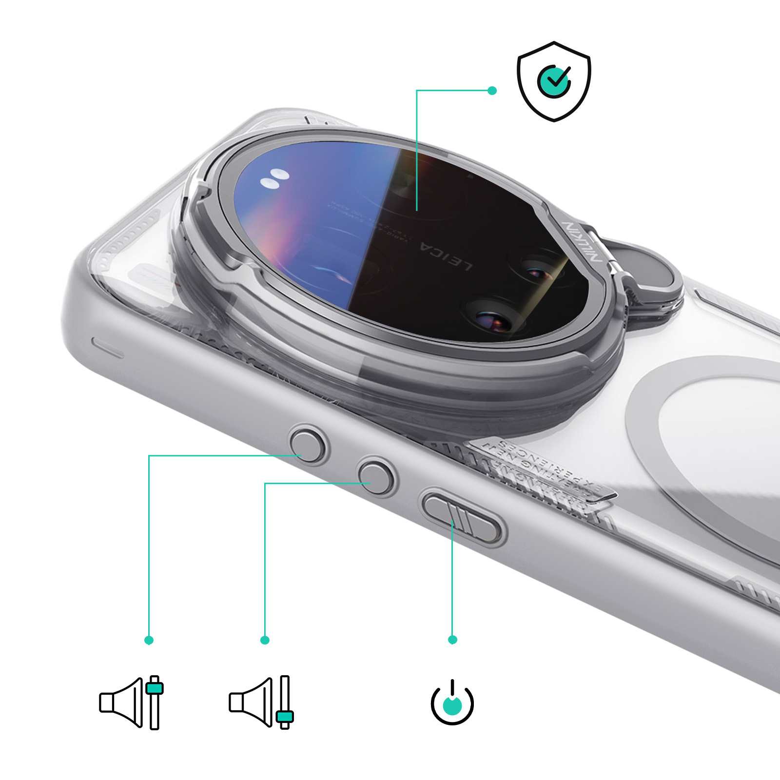 Une coque de téléphone transparente avec protection caméra et icônes volume/alimentation.