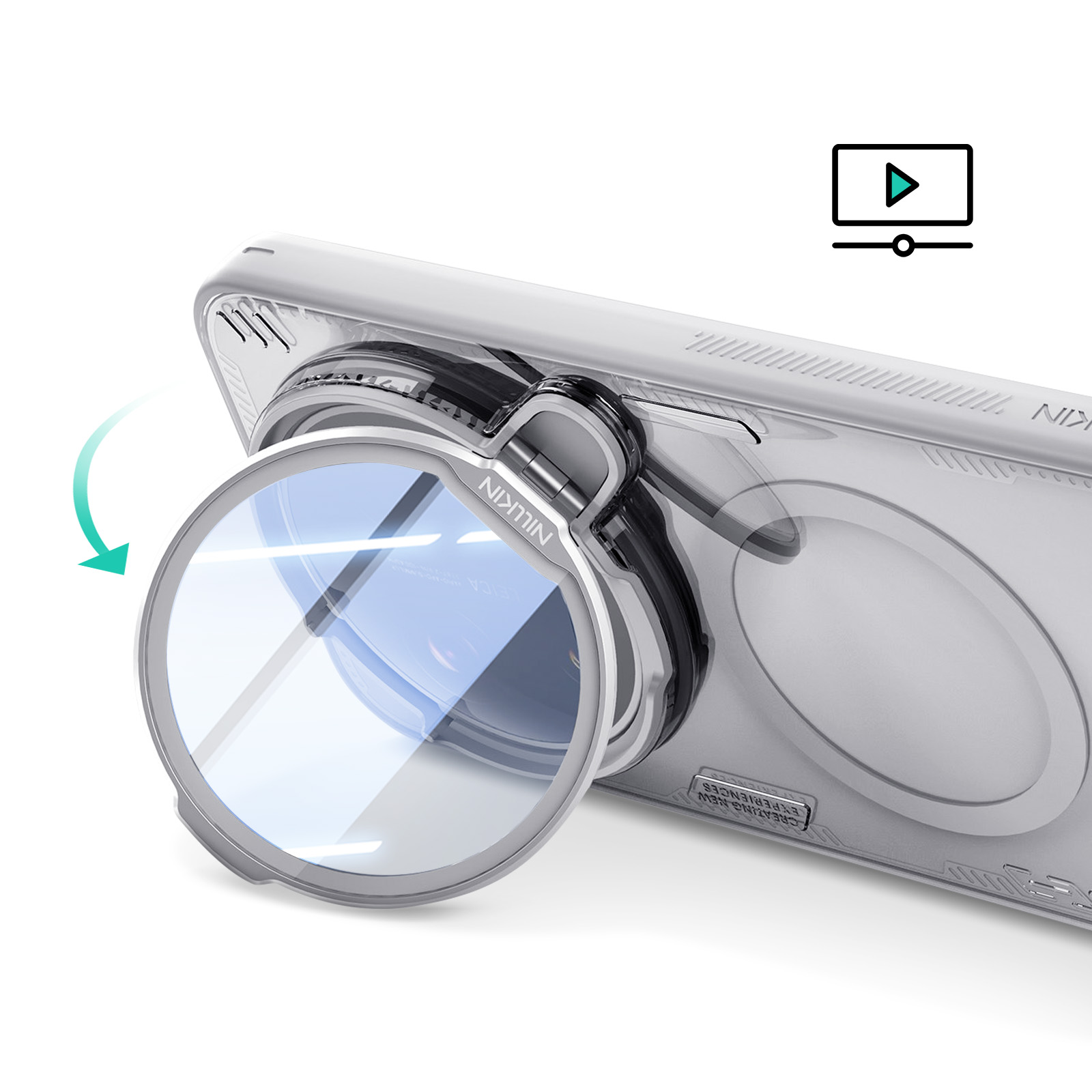 Coque de téléphone transparente avec objectif rotatif. Une flèche verte indique la rotation.