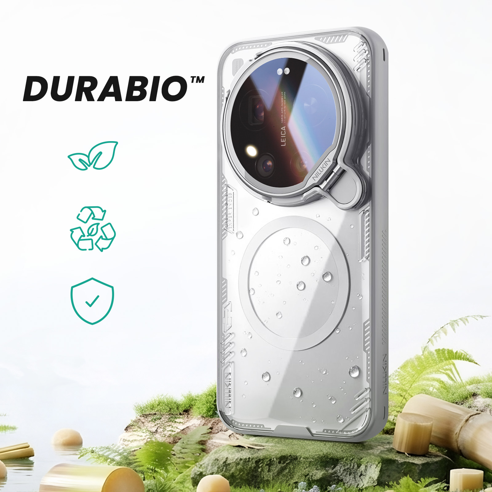 Coque de téléphone transparente avec appareil photo et logo, sur fond vert.