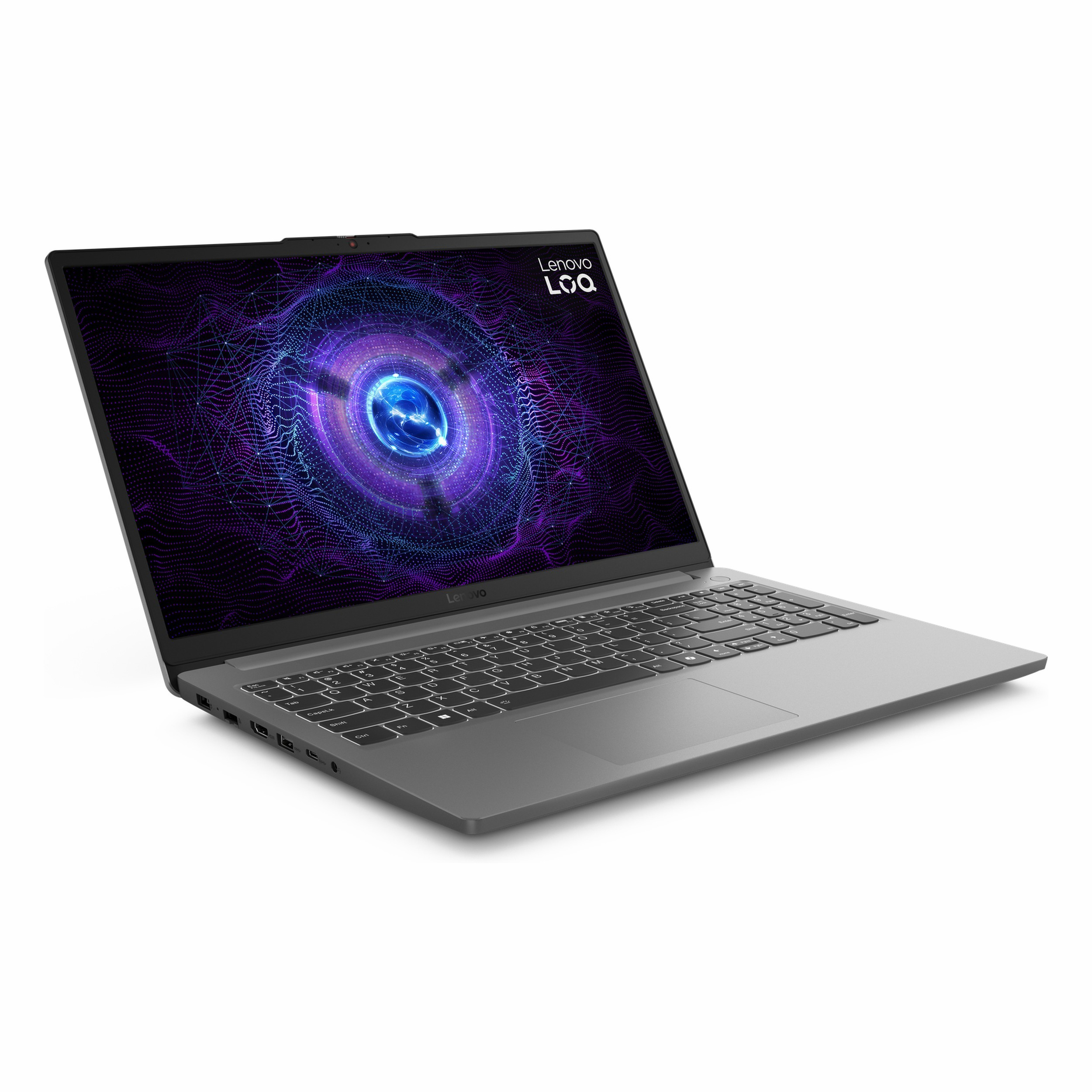 Ekranında dijital, mor arka plana sahip gri Lenovo dizüstü bilgisayar.