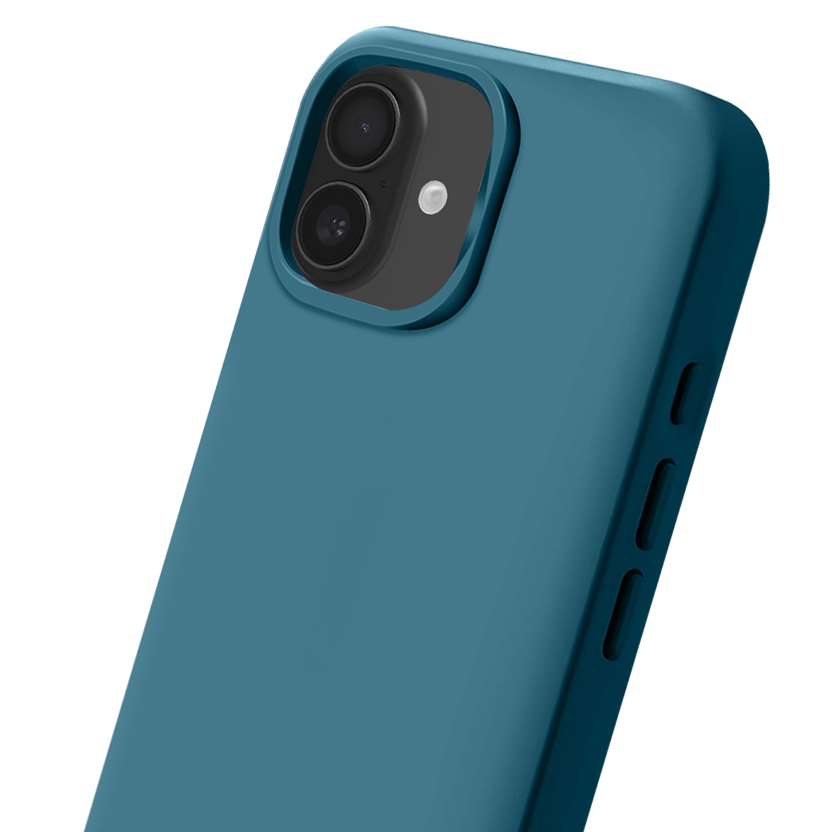Custodia blu per telefono con due fotocamere e flash, isolata su sfondo bianco.