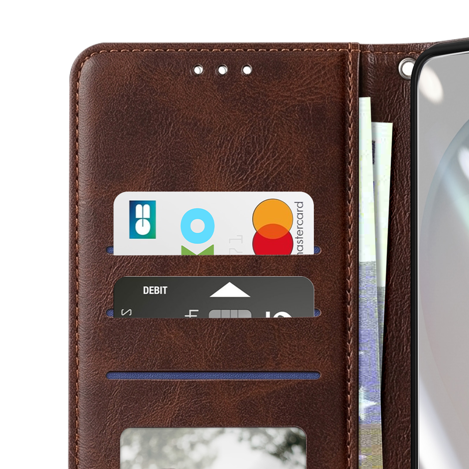 Custodia a portafoglio in pelle marrone con fessure per carte e banconote.