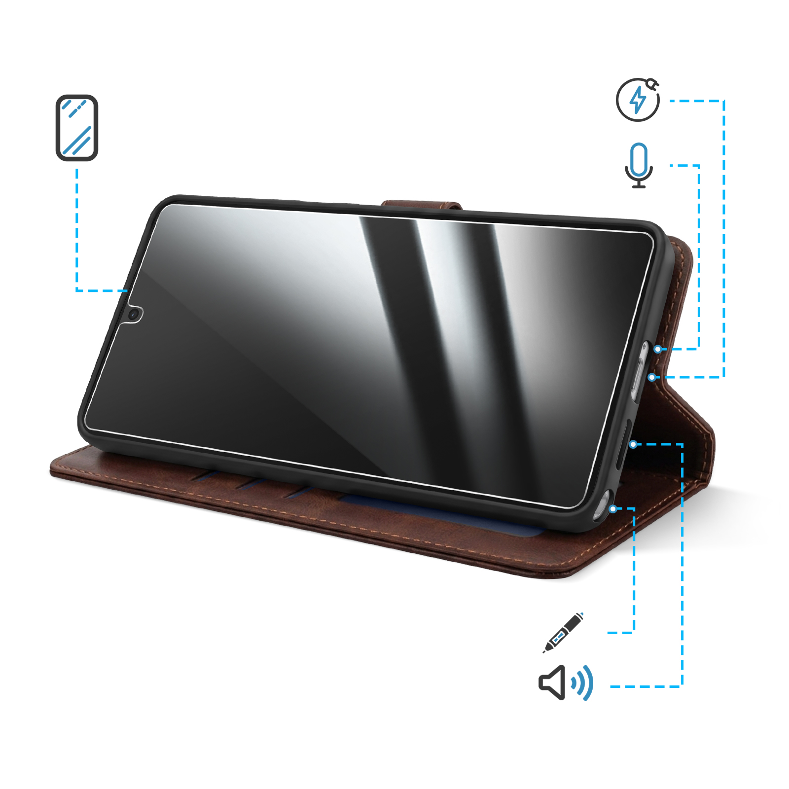 Custodia per telefono in pelle marrone con smartphone aperto, con icone per ricarica, microfono, penna e altoparlante.