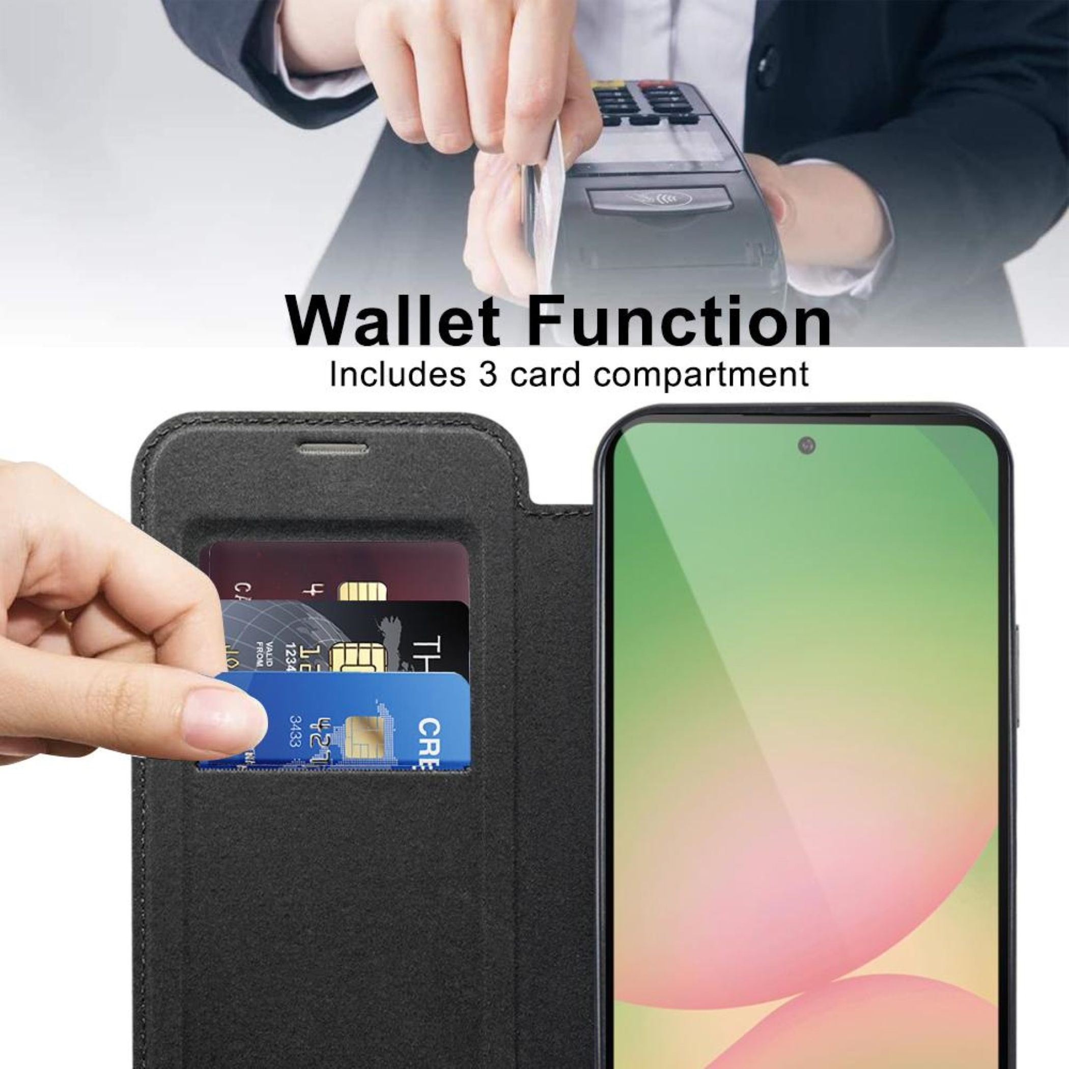Una mano inserisce una carta di credito in una custodia per telefono con tre slot.