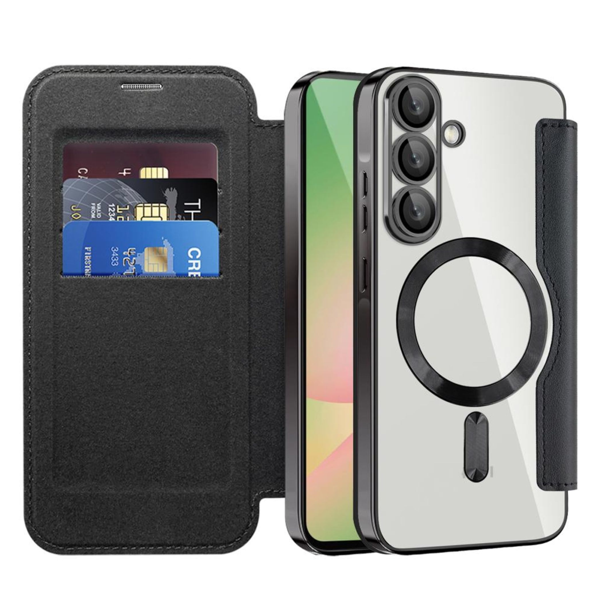 Una custodia a libro nera con slot per carte e retro trasparente del telefono con fotocamere.