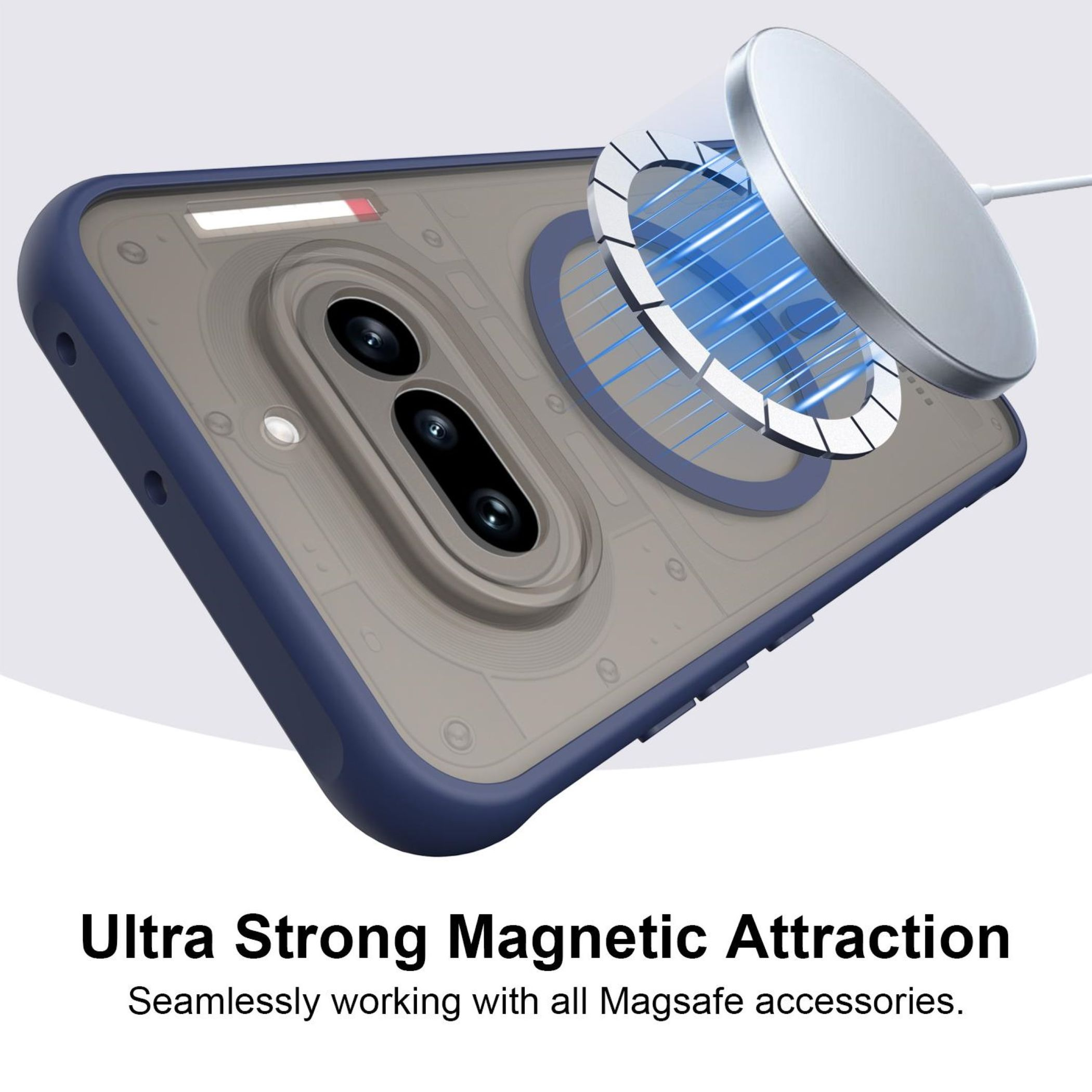 Ein Smartphone mit blauer Hülle wird von einem MagSafe-Ladegerät angezogen.