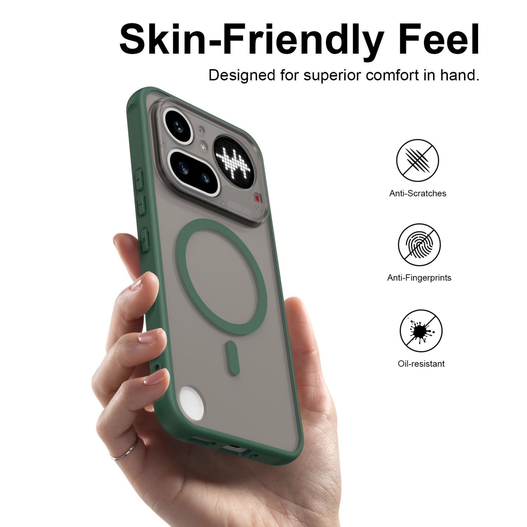 Grüne Handyhülle mit magnetischem Ring, von Hand gehalten.