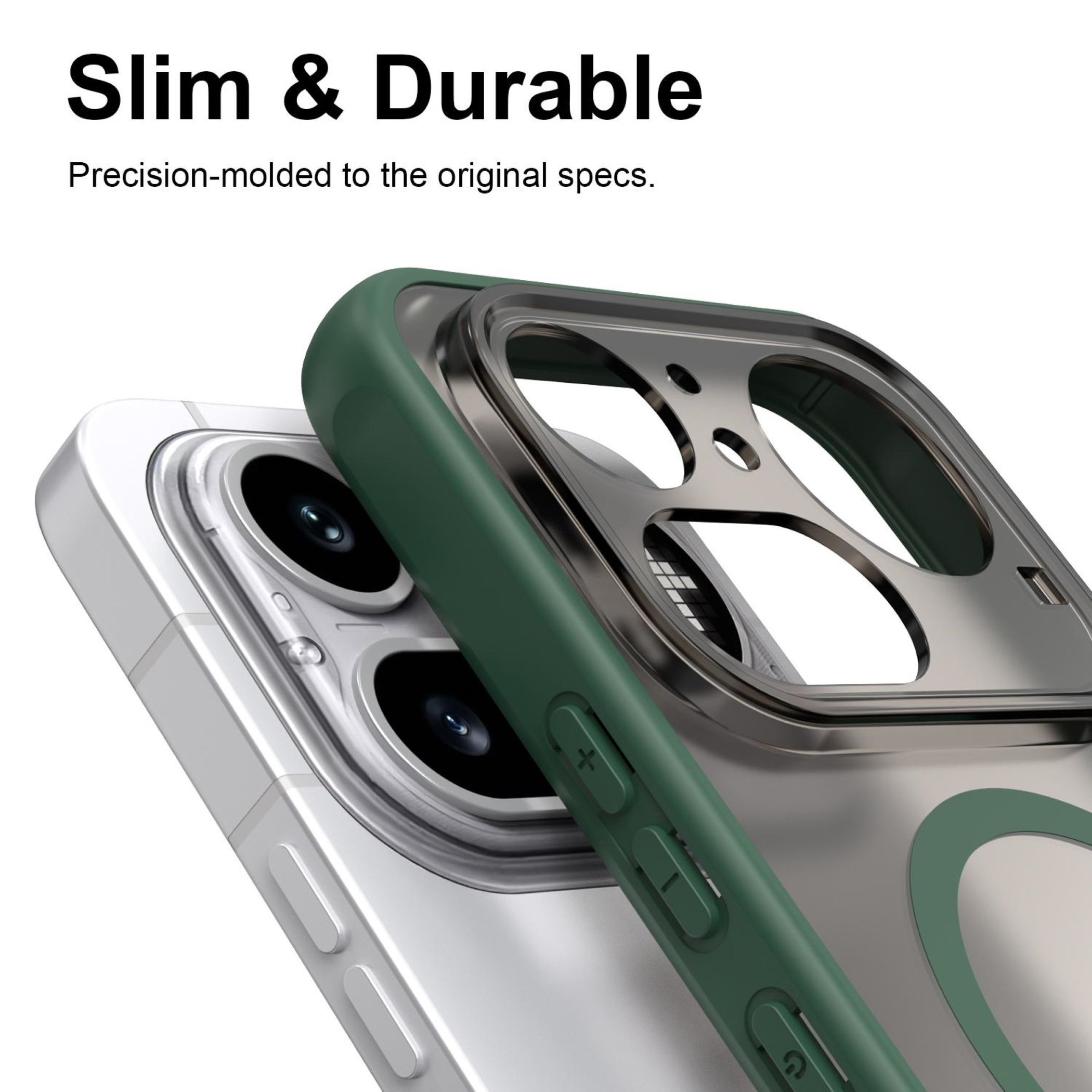 Eine grüne Handyhülle mit silbernem Rahmen auf einem weißen iPhone.