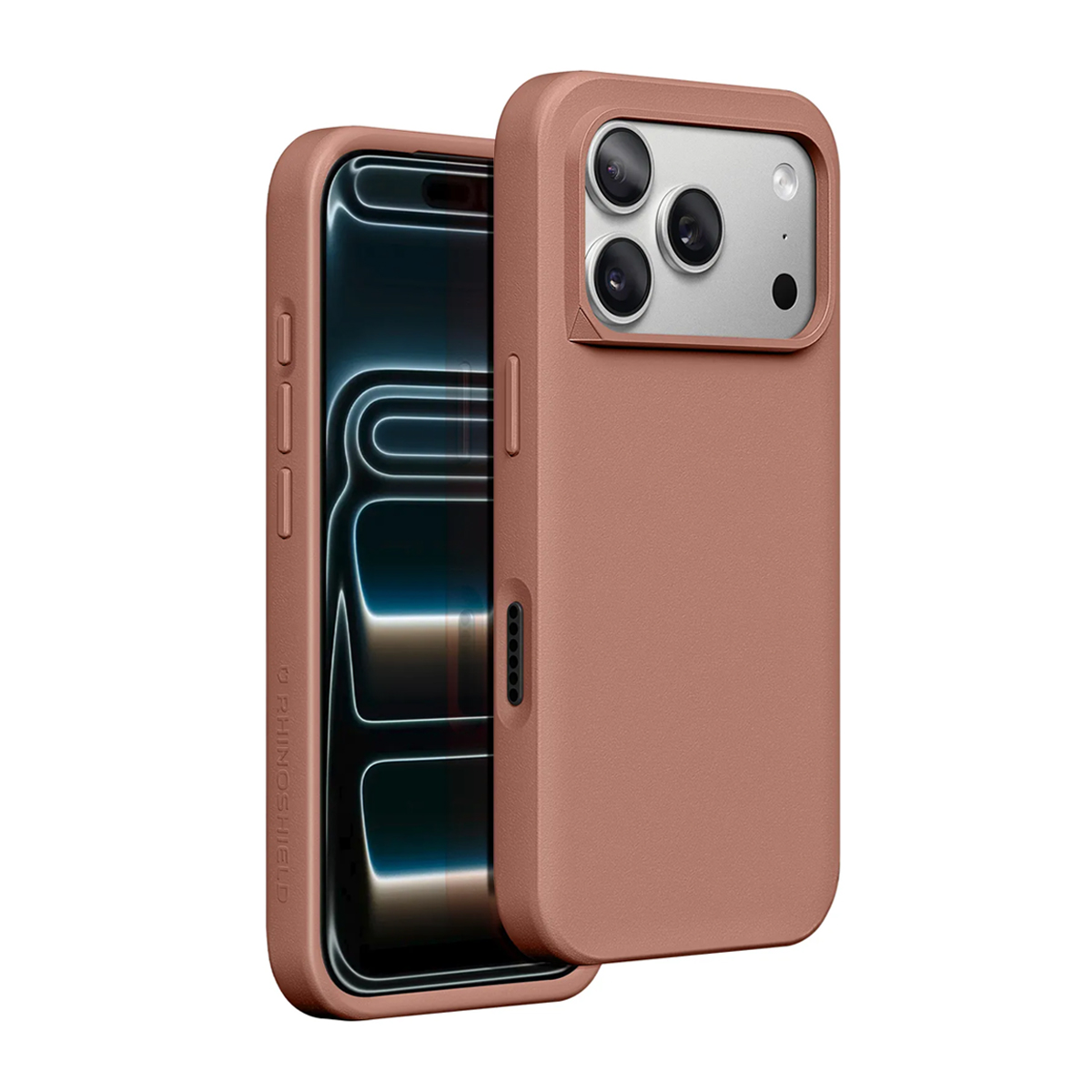Una cover per telefono rosa dorato con tre obiettivi e un telefono