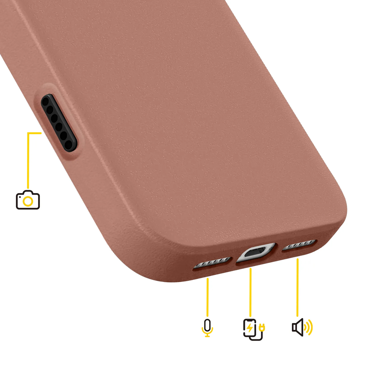 Ritaglio di cover marrone per telefono con porte e icone: fotocamera, microfono, ricarica, altoparlante.