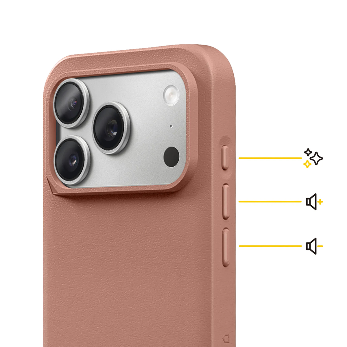 Una custodia rosa per telefono con tripla fotocamera e icone audio e flash.