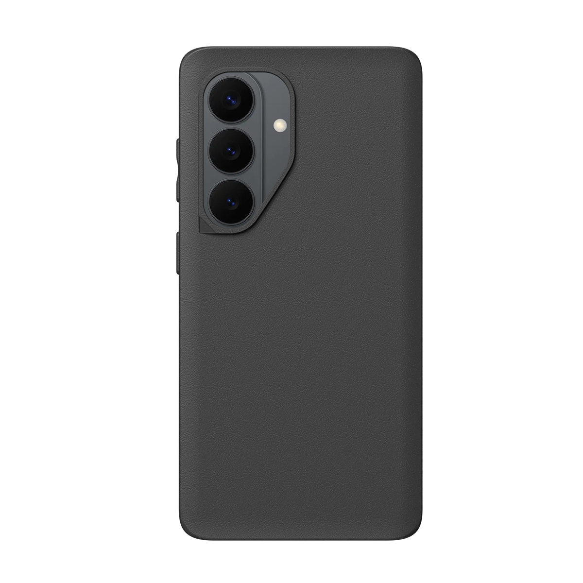 Dunkelgraues Smartphone mit drei Kameras und Blitz auf der Rückseite, auf weißem Hintergrund.