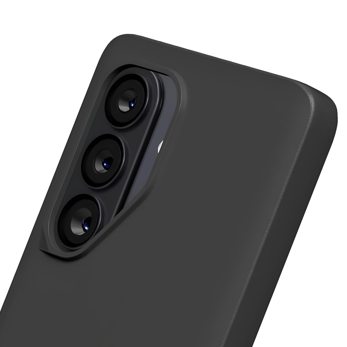 Rückseite eines schwarzen Smartphones mit drei Kameralinsen in einem vertikalen Modul.