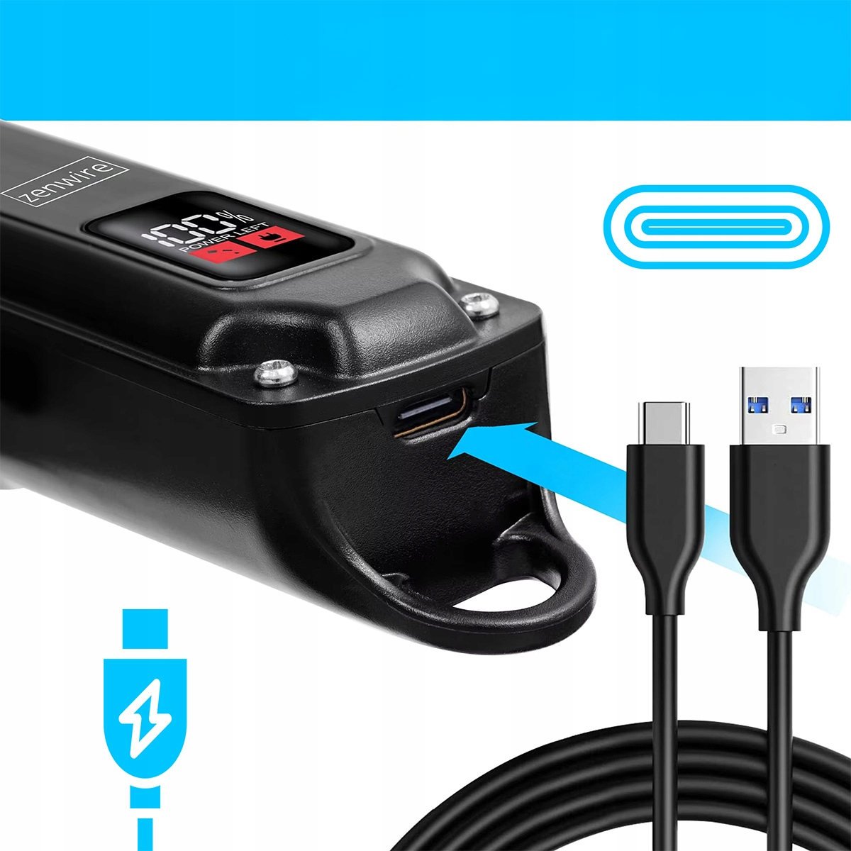 Czarne urządzenie z cyfrowym wyświetlaczem i kablami USB-C i USB-A.