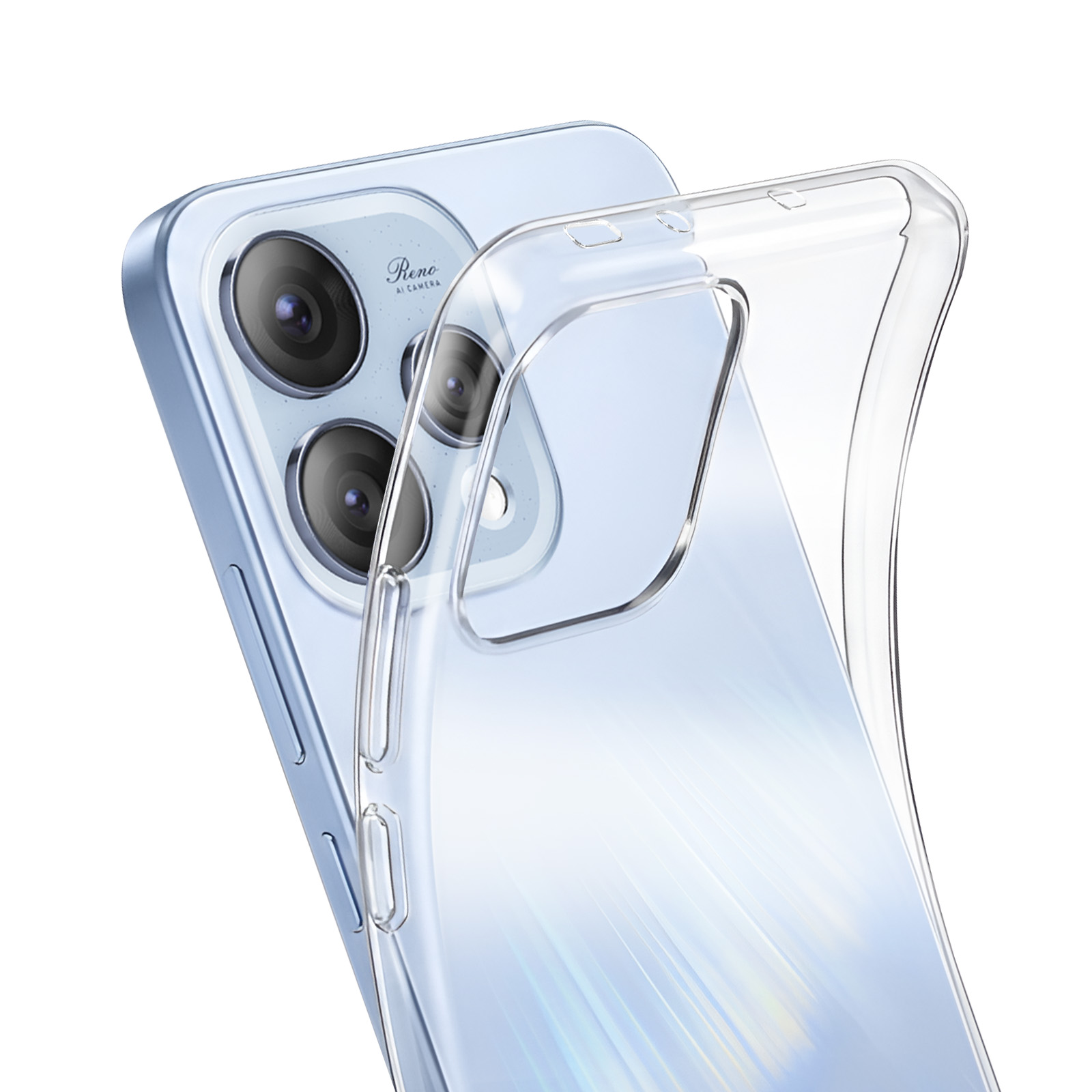 Ein transparentes Schutzcase wird über die Rückseite eines hellblauen Smartphones mit drei Kameras gestülpt.