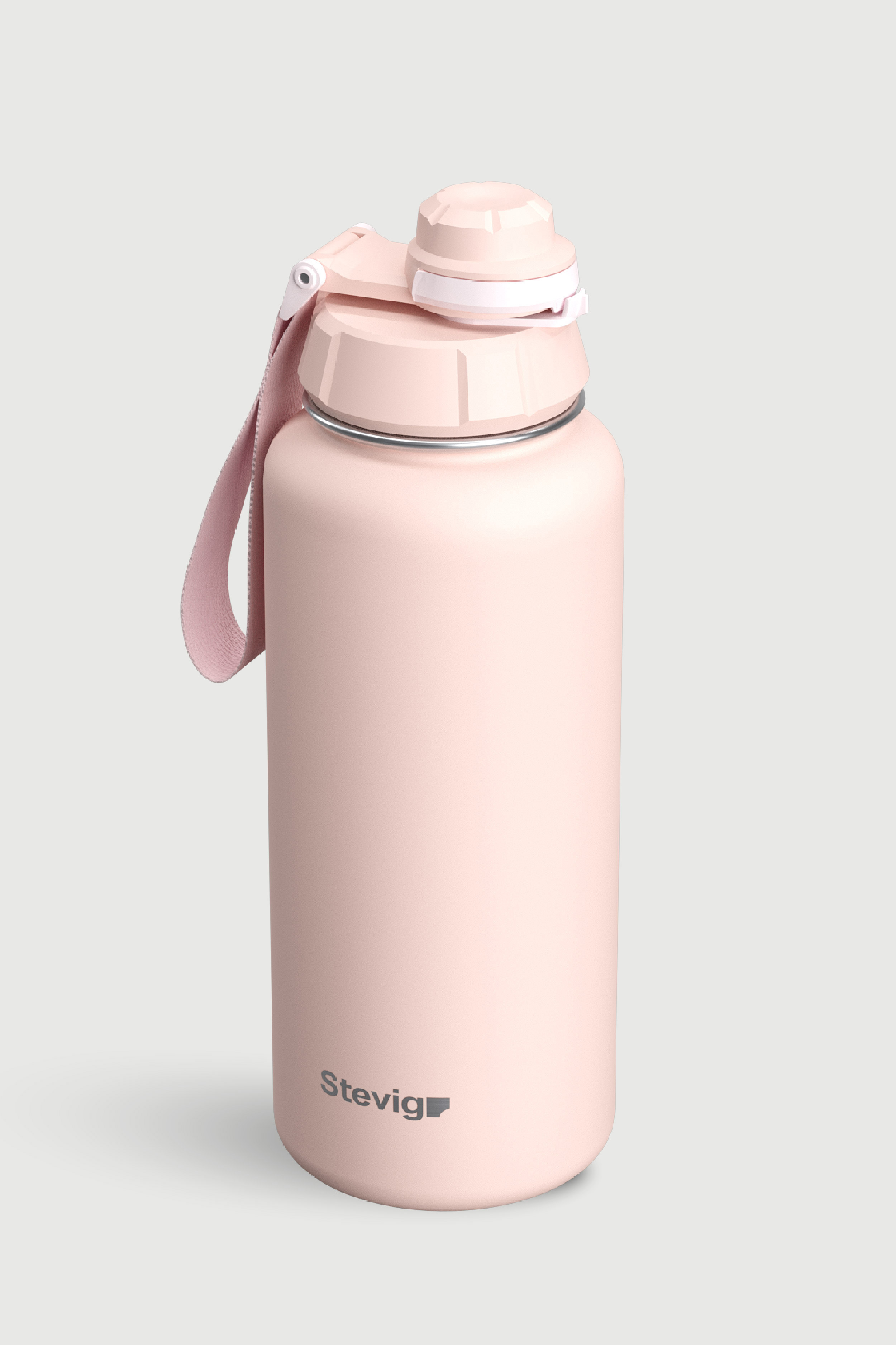 Pembe Stevig su şişesi, askılı ve kapaklı.