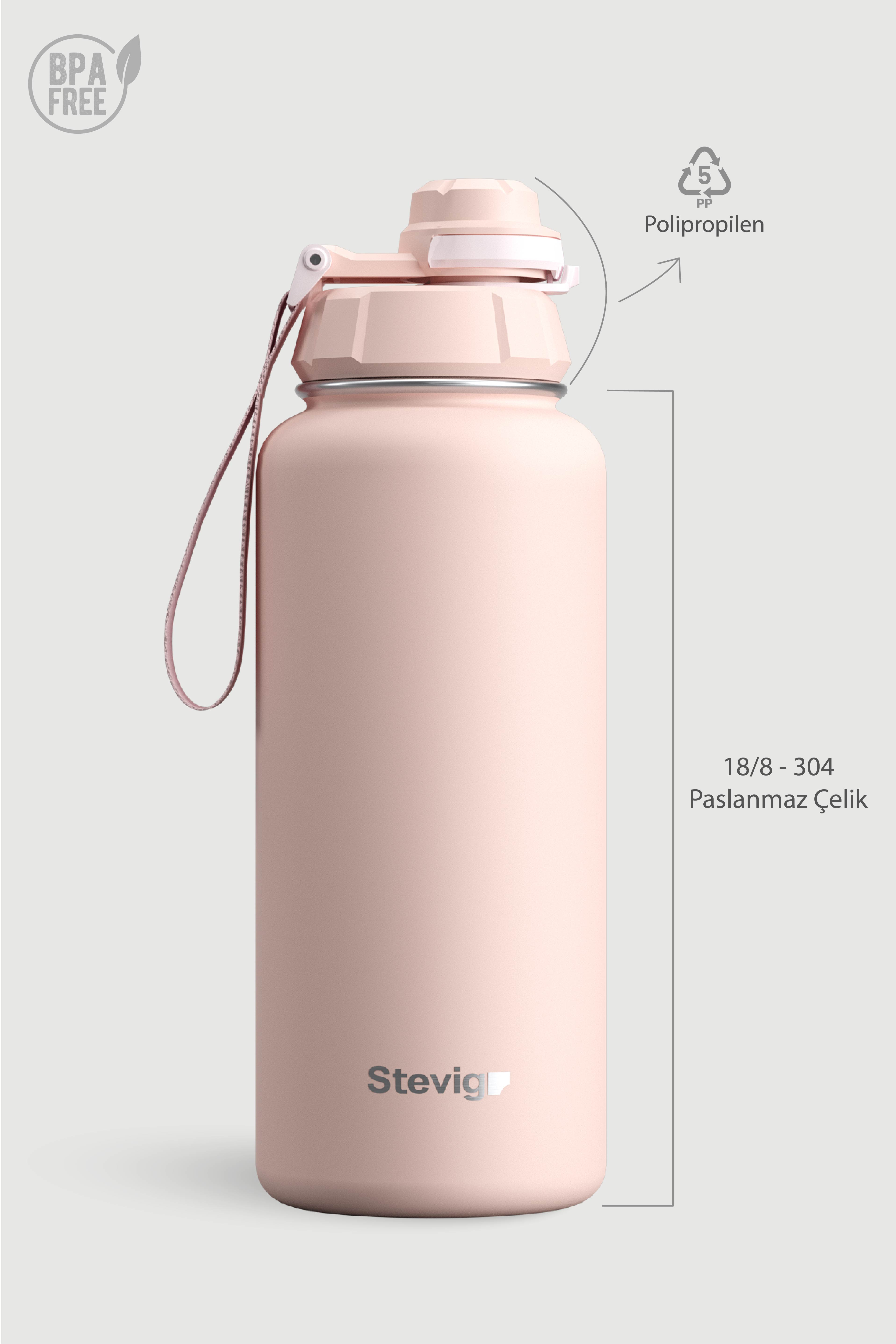 BPA içermeyen kapaklı ve taşıma askılı pembe paslanmaz çelik su şişesi.
