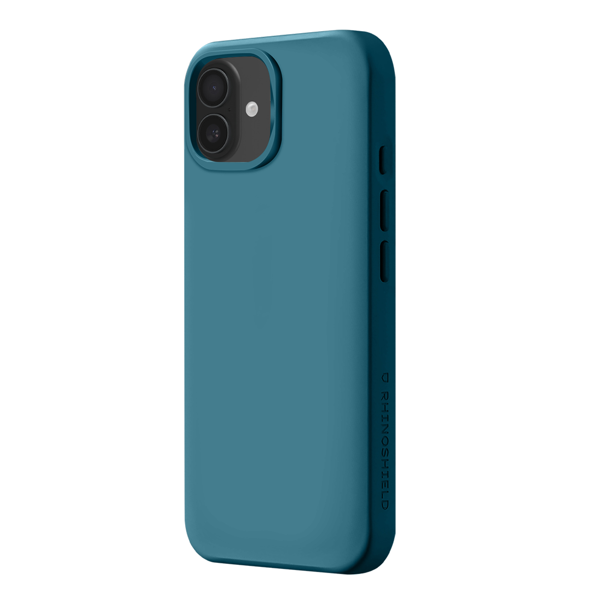 Custodia blu per telefono con due obiettivi. Logo ben visibile.