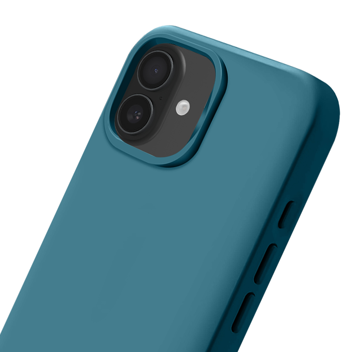 Primo piano di una custodia blu per telefono con doppia fotocamera.