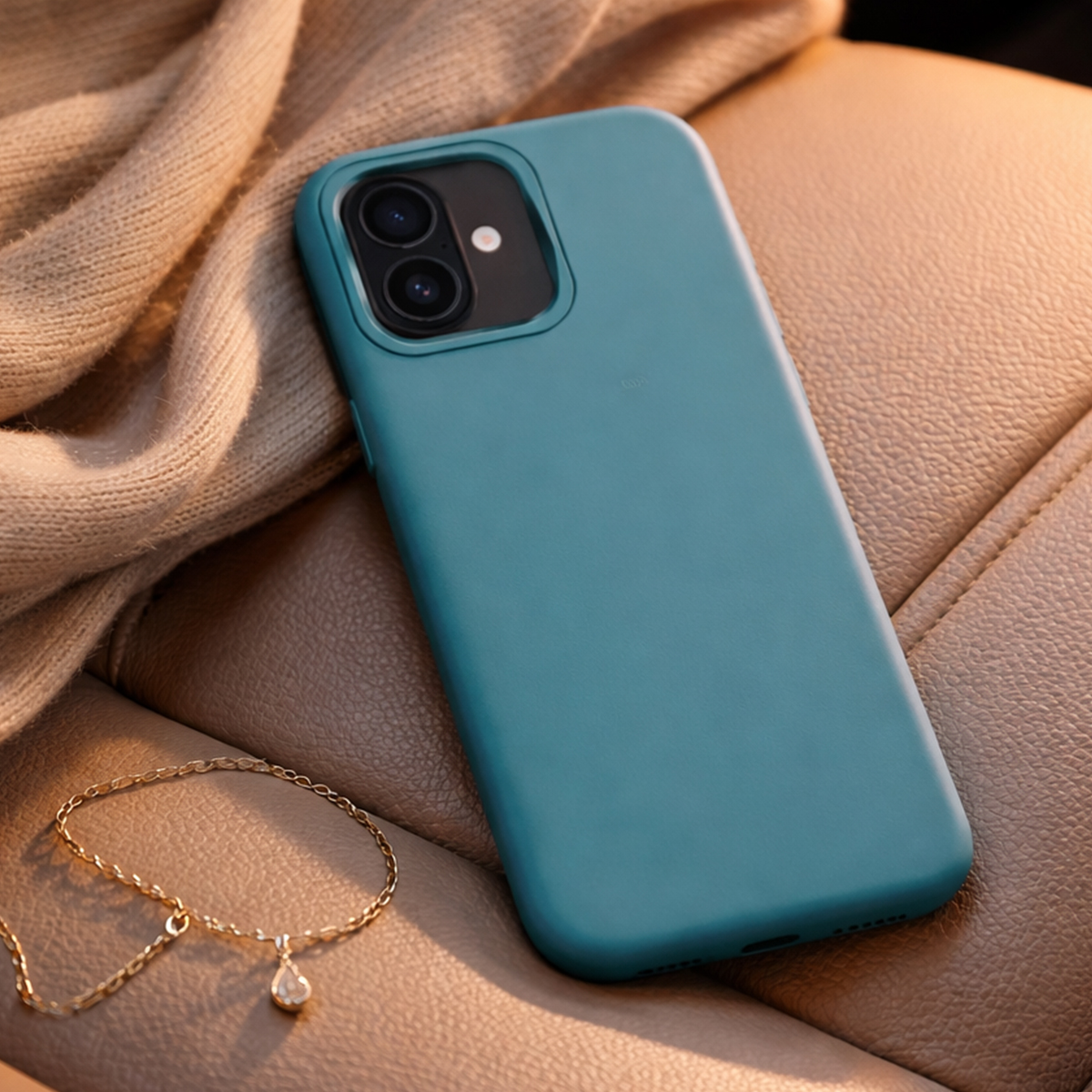 Una custodia per telefono verde acqua riposa su un sedile in pelle accanto a un maglione e una collana.