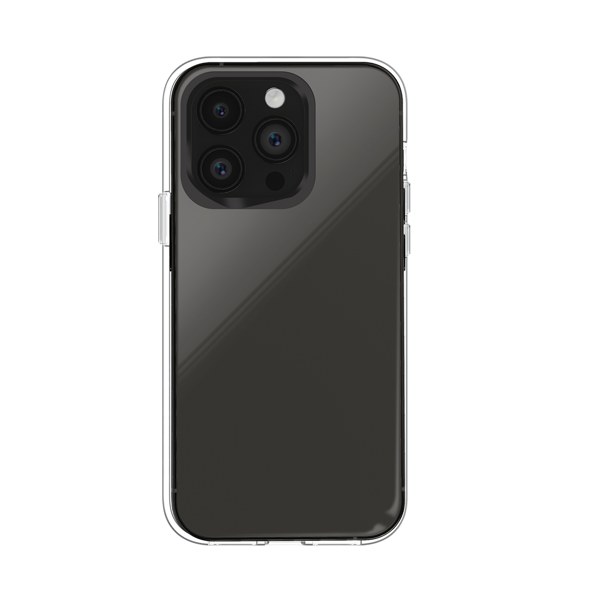 Una custodia trasparente per telefono con ritaglio per fotocamera su sfondo bianco.