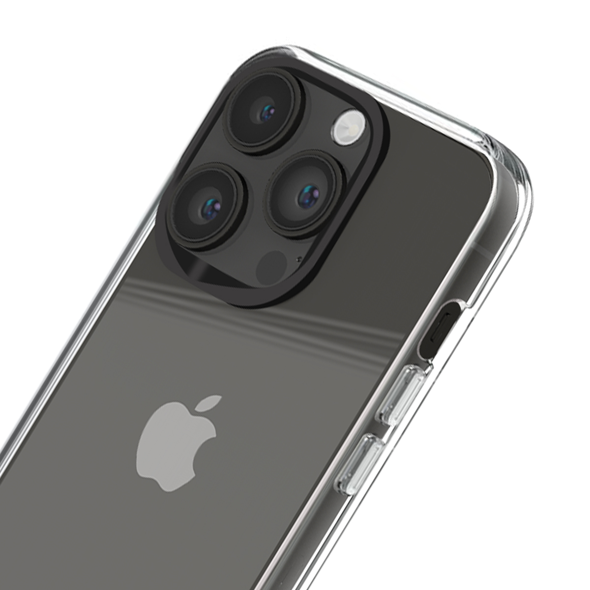 Primo piano di una custodia trasparente per telefono su uno smartphone scuro, con tre obiettivi della fotocamera e il logo Apple.