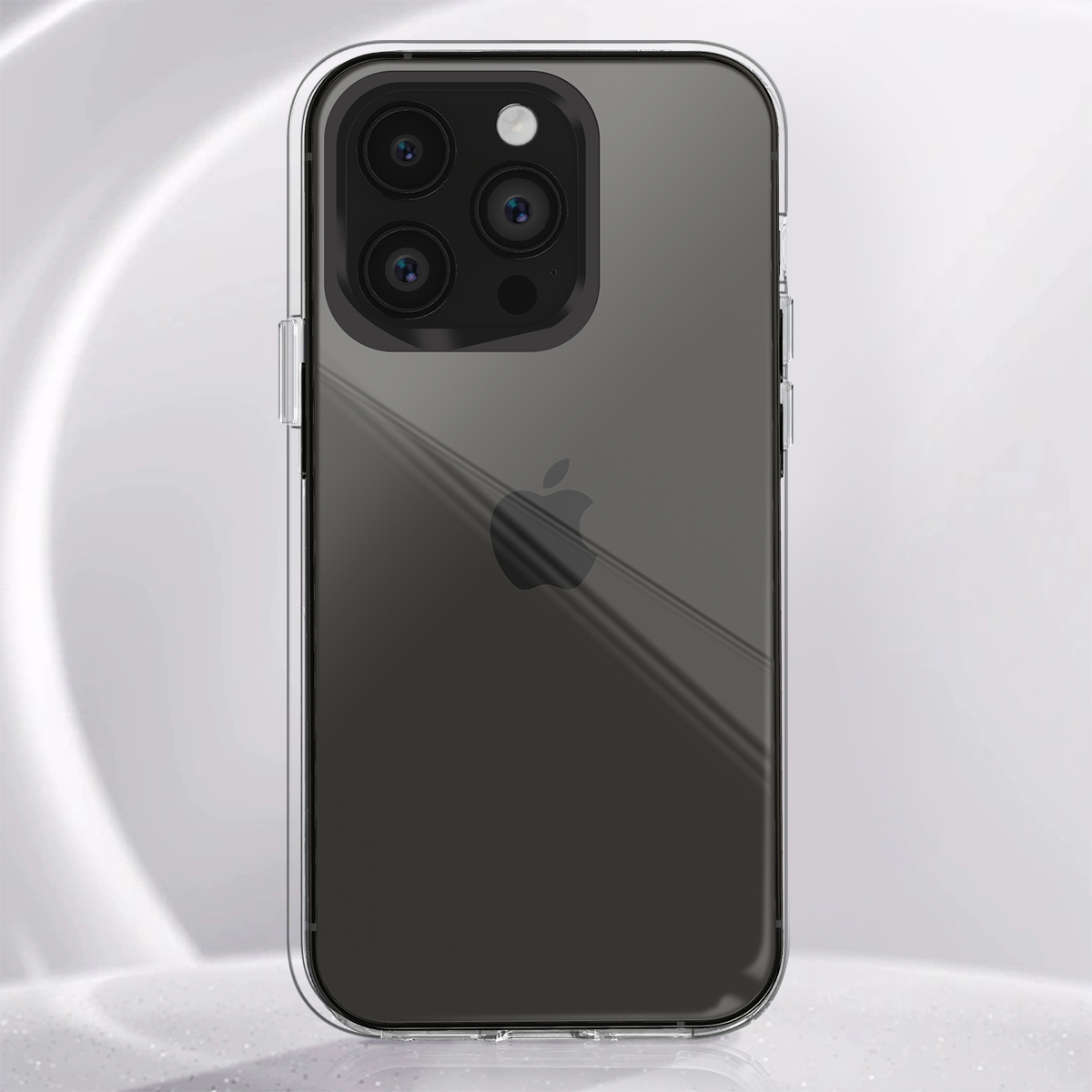 Un iPhone nero in una custodia protettiva trasparente. Il retro presenta tre fotocamere.