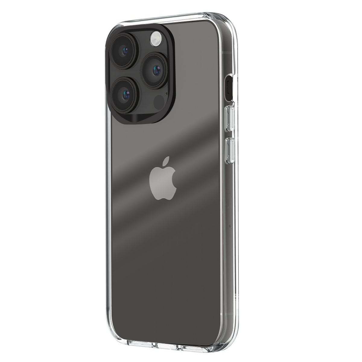 Una custodia trasparente per iPhone con tre fotocamere e il logo Apple.